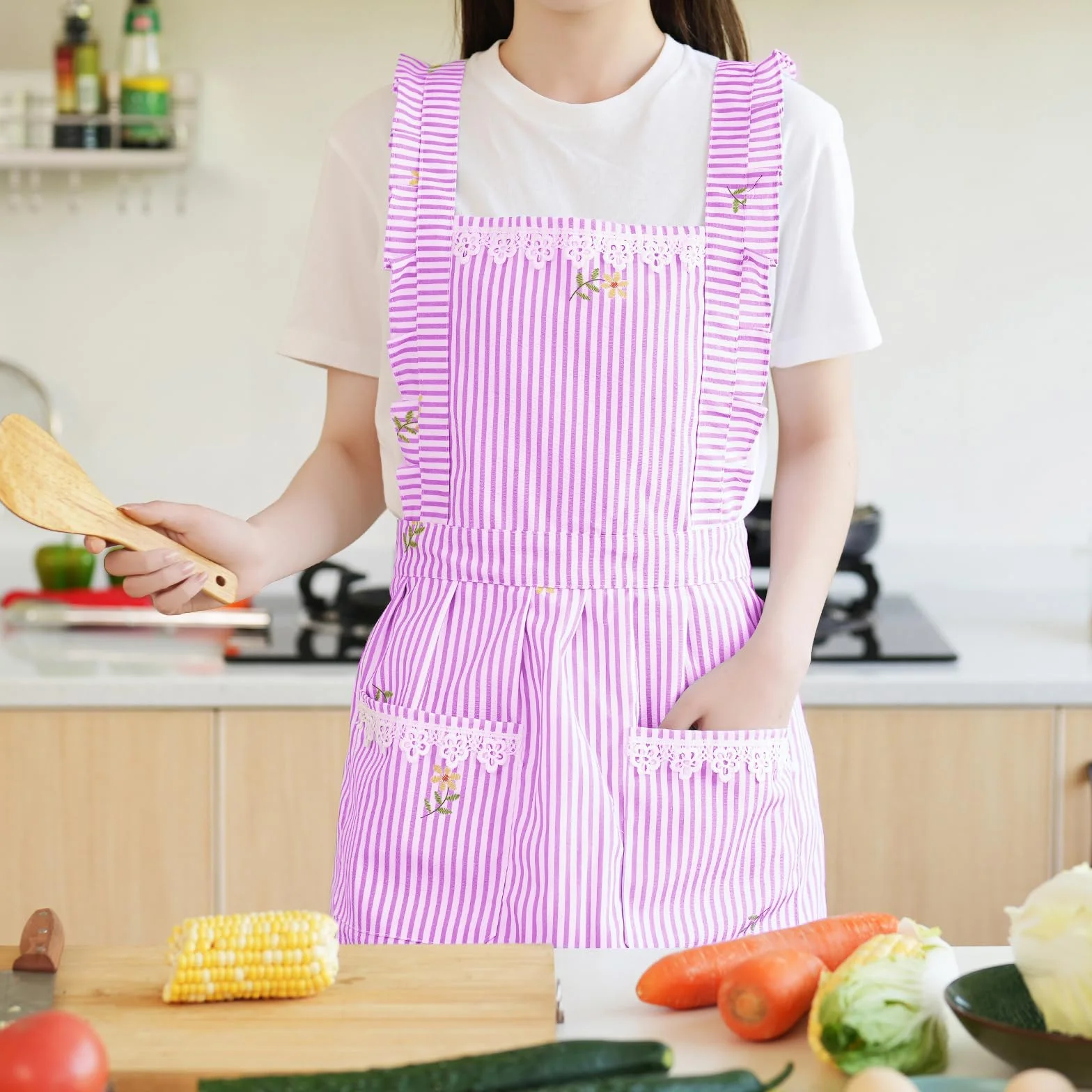 Delantales divertidos para mujer con bolsillos, para cocina, parrilla, barbacoa, lindo delantal de chef, día de la madre, regalos de cumpleaños para mujeres, Rosa/Rayas, M