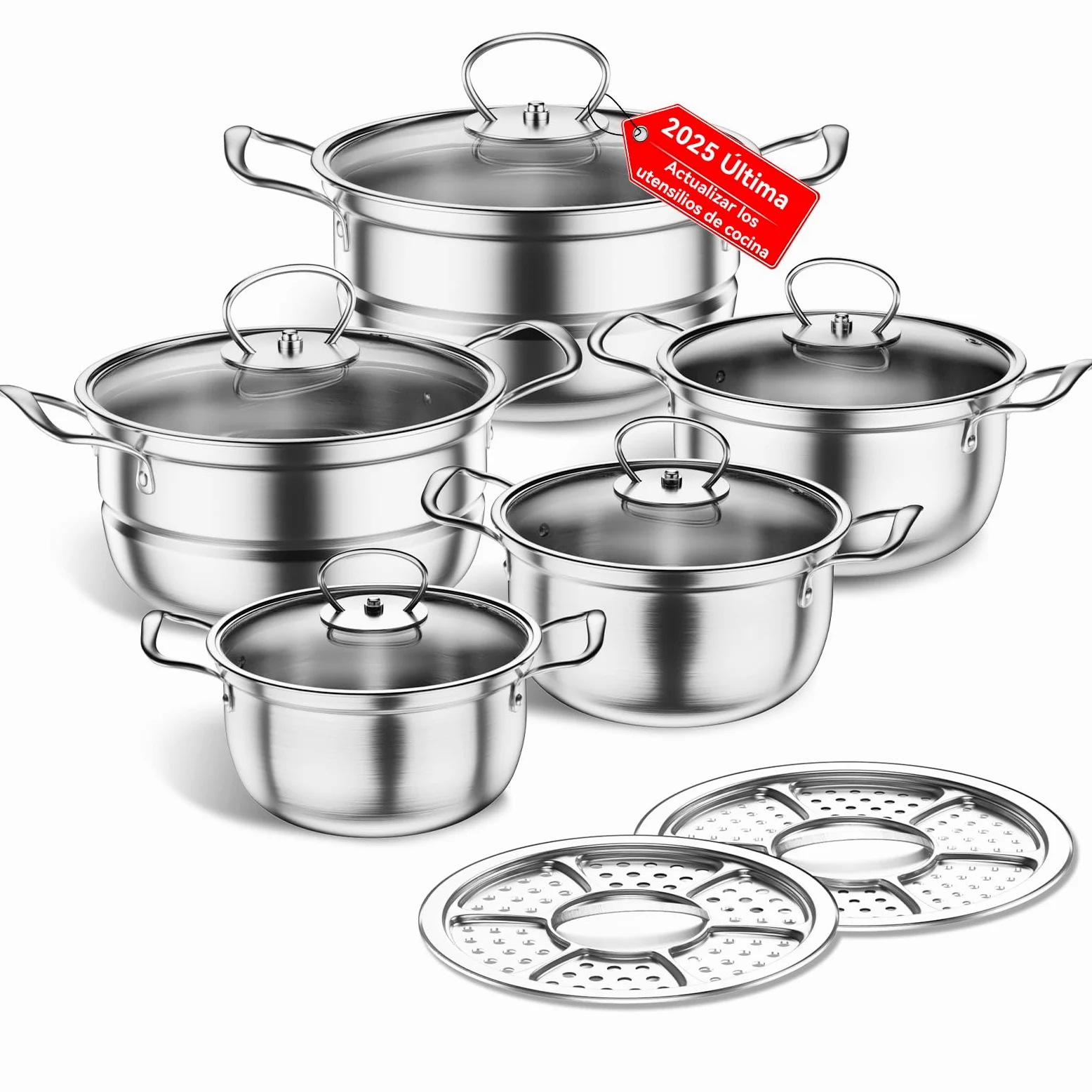 Juego de utensilios de cocina de acero inoxidable, 12 piezas de utensilios de cocina de inducción, sin recubrimiento, compatible con cocinas de inducción, gas, con tapa de vidrio (Plata clara)