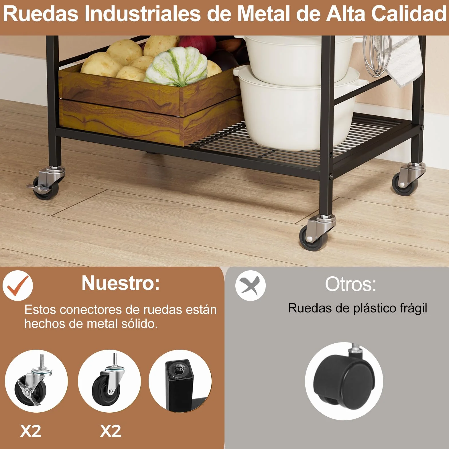 Carro Cocina de 3 Pisos con Estantes Ajustables，Carros de Servicio (Estructura Negra + Panel marrón, 3 Niveles (40 x 60 x 84,7 cm))
