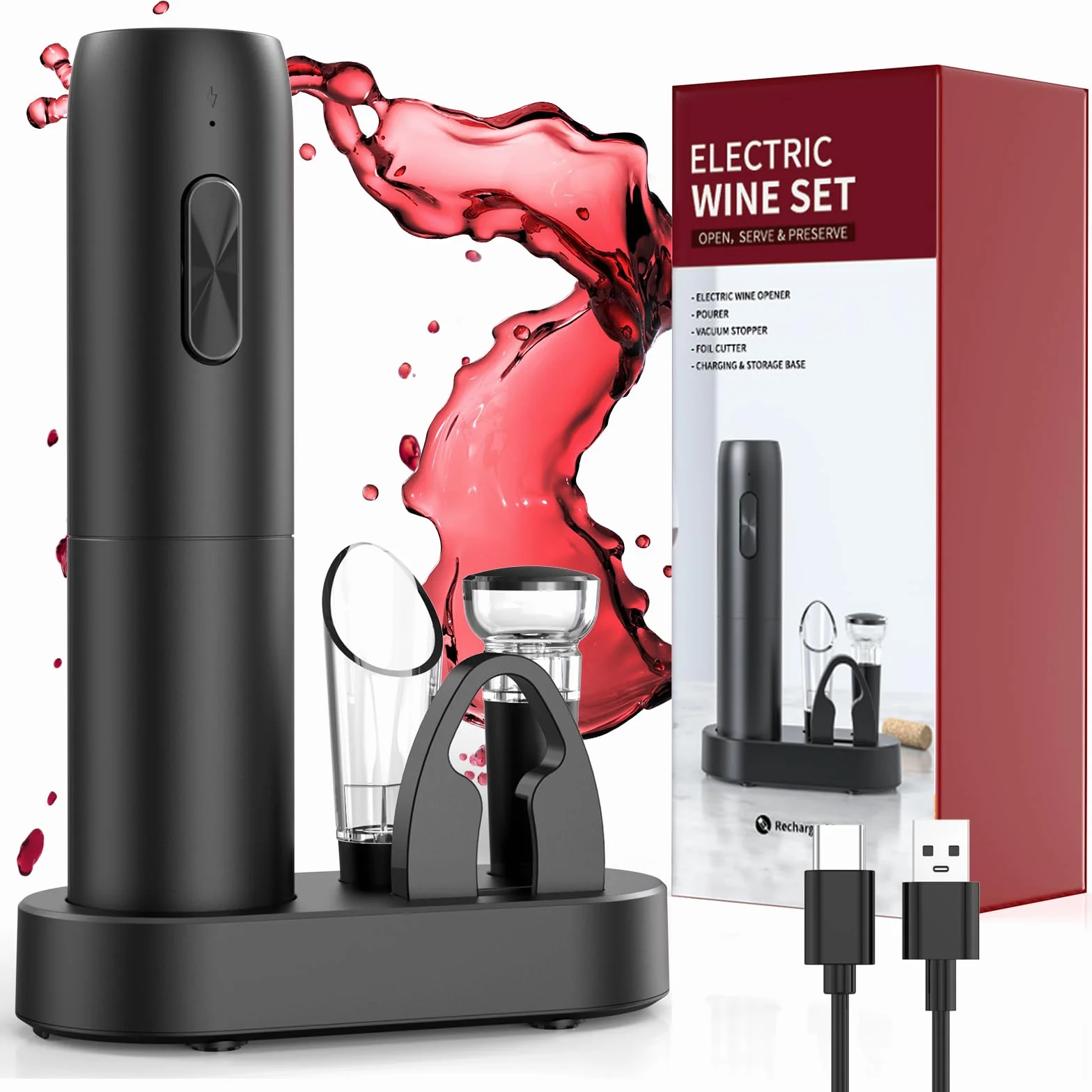 Sacacorchos eléctrico recargable con base de carga, abridor de vino electrico 6 en 1 juego regalo cumpleaños abrebotellas con vertedor aireador, tapón de vino al vacío, cortador láminas y cable USB