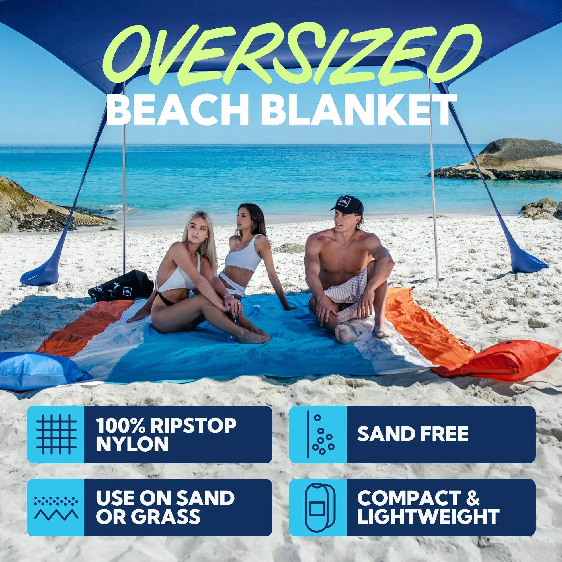 SUN NINJA Sand Proof Beach Blanket 10'x9' Lightweight Quick Dry with Travel Bag