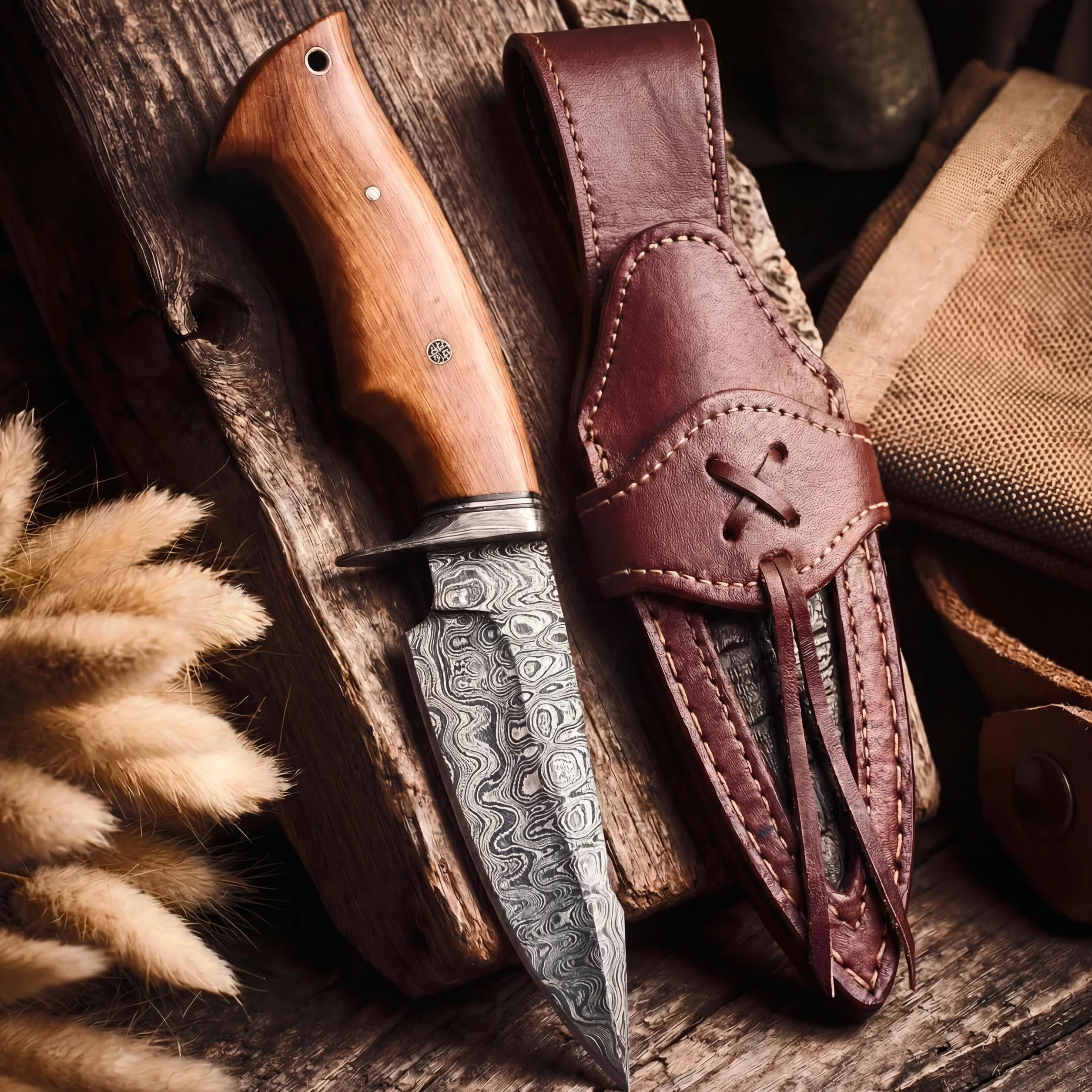 BIGCAT ROAR Predator Hunter Cuchillo Caza Acero Damasco 25.4 cm Mango Madera Olivo Funda Cuero Bushcraft Camping Supervivencia