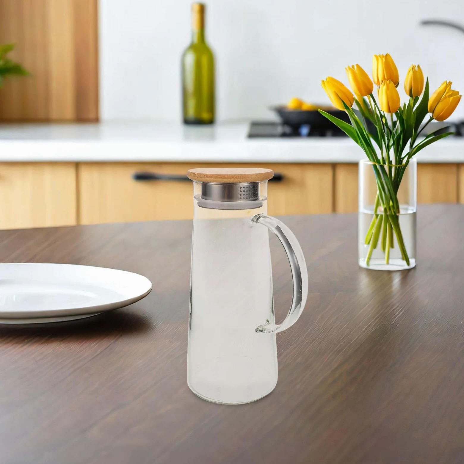 Jarra de Vidrio de Borosilicato para Jugo con Tapa Hermética | Capacidad de 3.8 Litros, Vertido Fácil y Limpieza Sencilla, Resistente al Calor, con Bambú y Acero Inoxidable