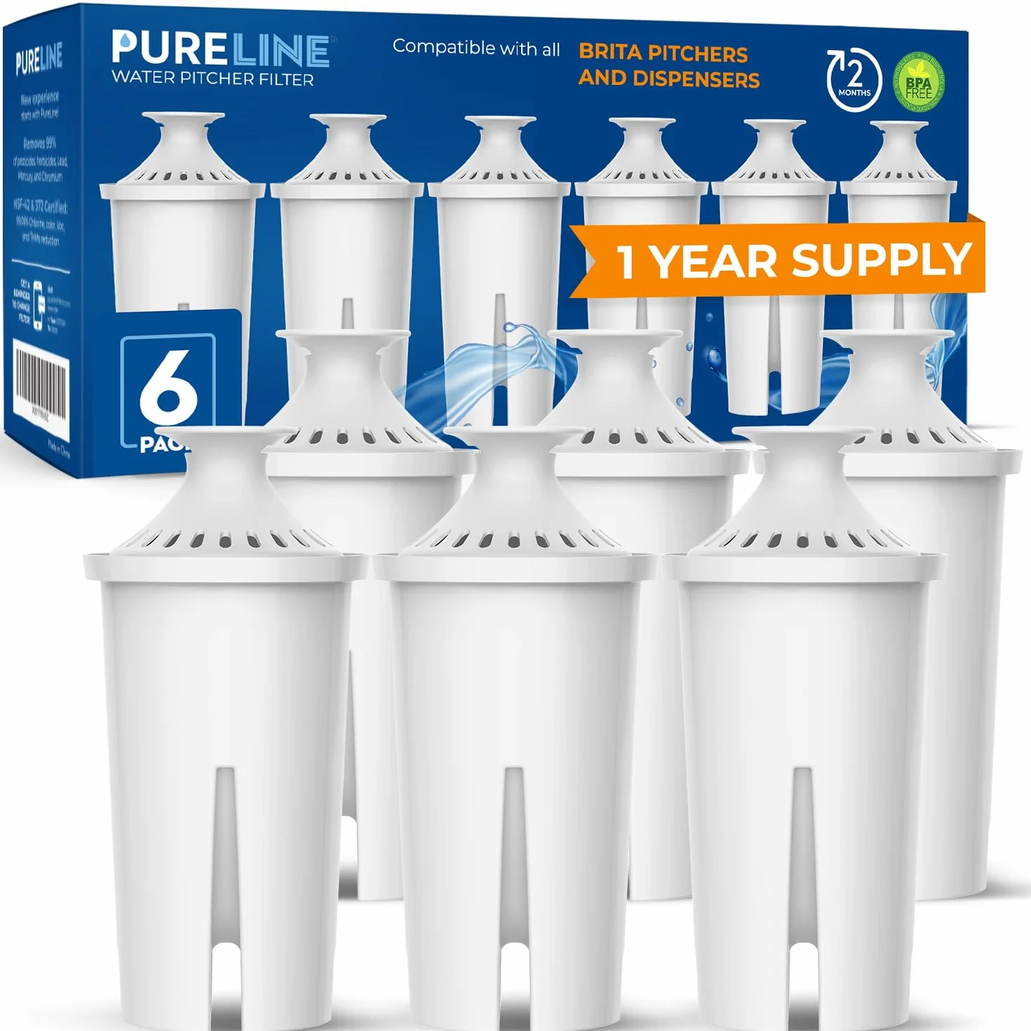 Pureline Repuesto para filtro Brita, jarras y dispensadores, Classic 35557, OB03, Mavea 107007, repuesto para jarras Brita Grand, Lake, Capri, Wave y más (paquete de 6)