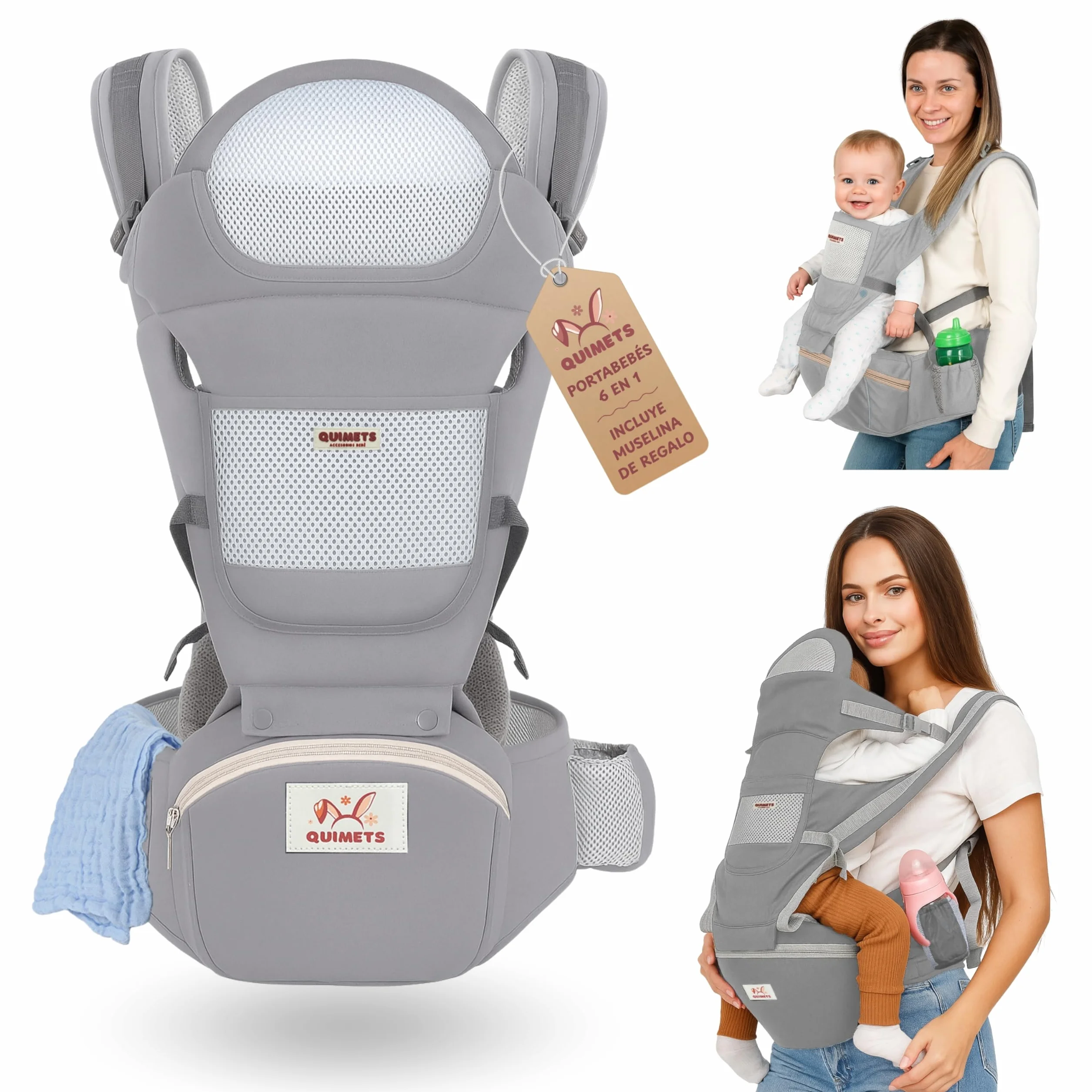 Mochila Portabebés 6 en 1 Recién Nacido Transpirable Ergonómica Suave Ligera