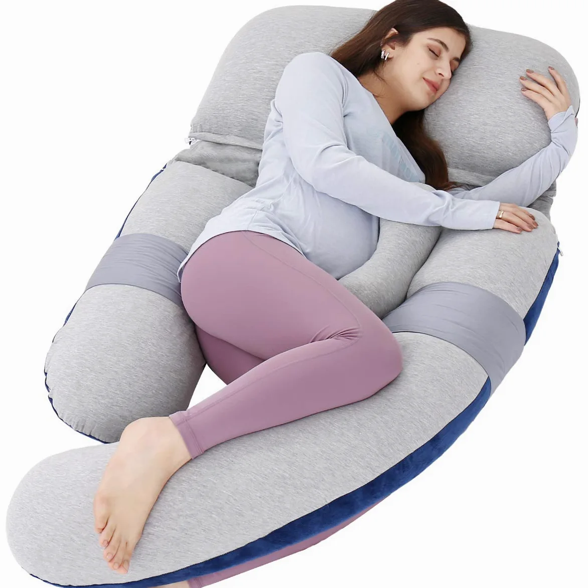 Pulgadas Almohada Maternidad y Embarazo | Almohada Extra Grande en Forma de U con Lado Desmontable, Almohada de Apoyo Independiente y Funda extraíble (Azul,Gris)