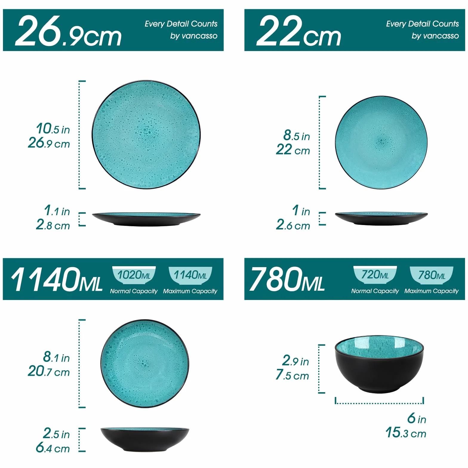 vancasso BUBBLE Vajillas Completas 6 Personas, Juego de Vajilla 24 Piezas de Gres - 6 Platos Llanos, 6 Platos de Postre, 6 Ensaladeras e 6 Cuencos, Esmaltado Reactivo Verde, Apto para Lavavajillas