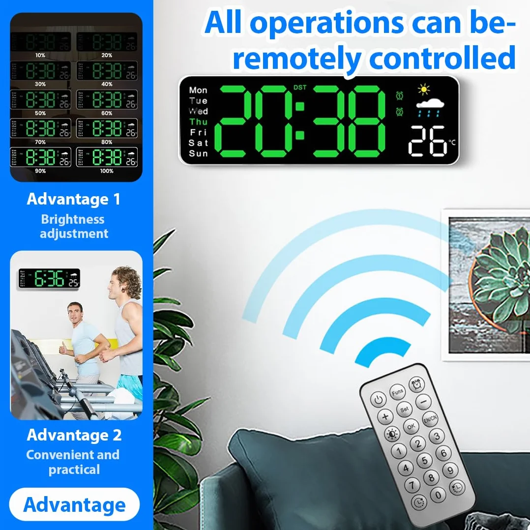 Reloj Digital de Pared,Reloj Digital Grande de 12» con Mando a Distancia,Reloj de Pared Multifuncional Puede probar el pronóstico del Tiempo para la Humedad,para la Sala