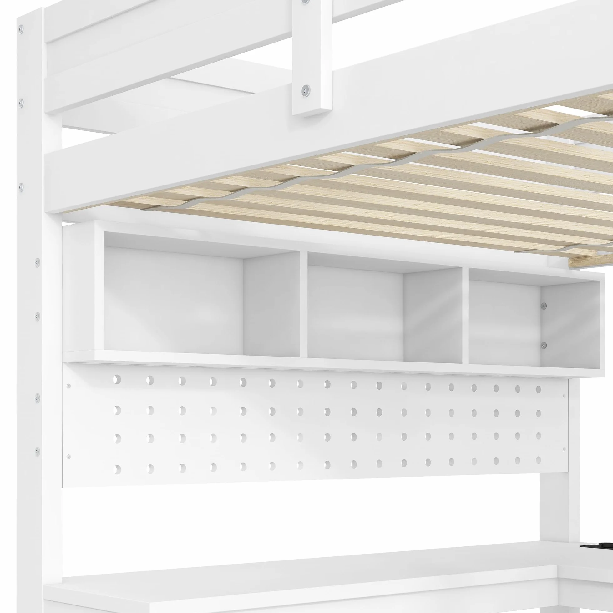 Moimhear Cama alta de madera para videojuegos con escritorio, estantes de almacenamiento, iluminación LED y base de carga, 90 x 200 cm (blanco)