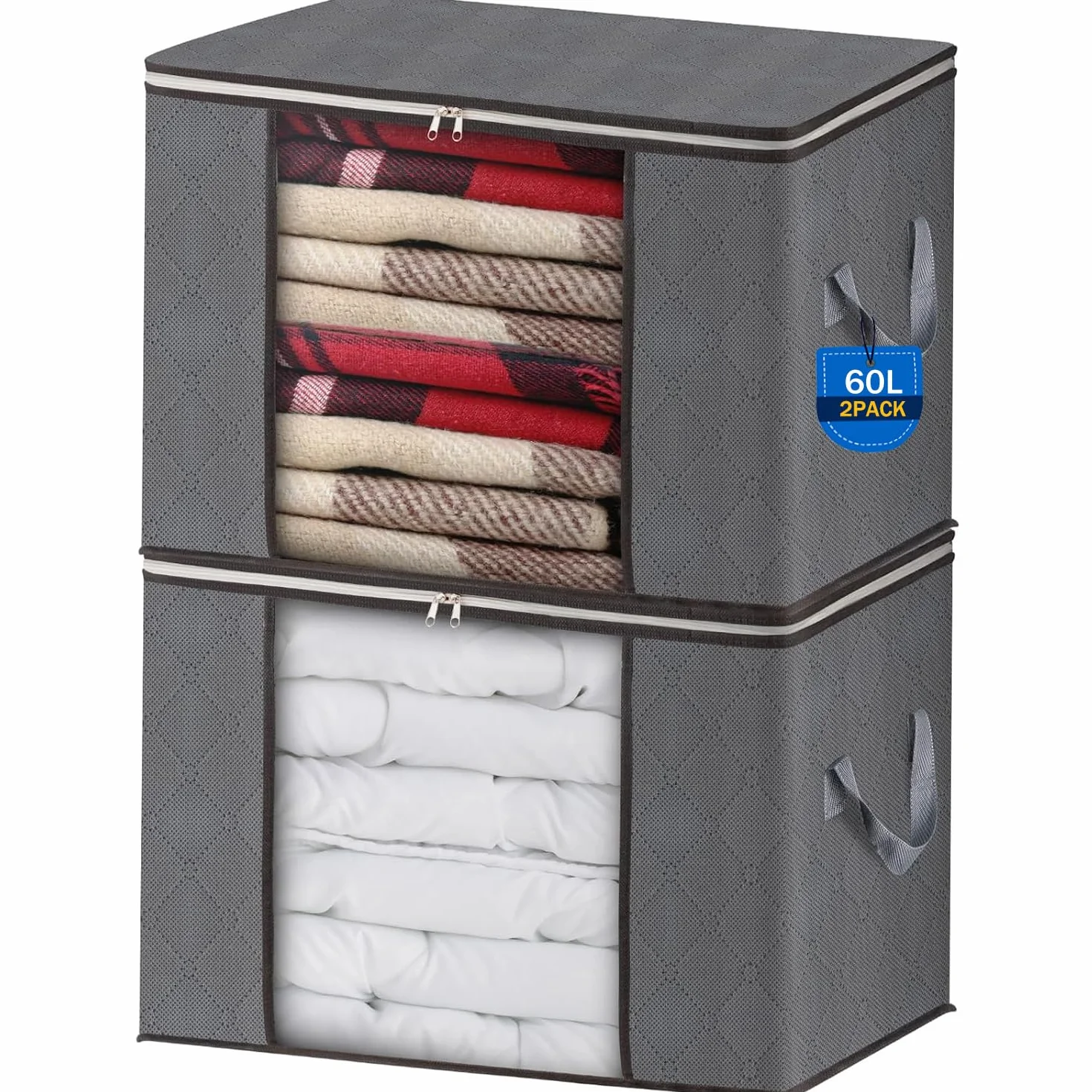AIOR 2pcs Bolsa de Almacenamiento de Ropa Plegable, 60L Grandes Cajas de Almacenaje Ropa con Mango Reforzado, No-Tejida Organizador Guardar para Edredones Mantas, 55x35x32cm