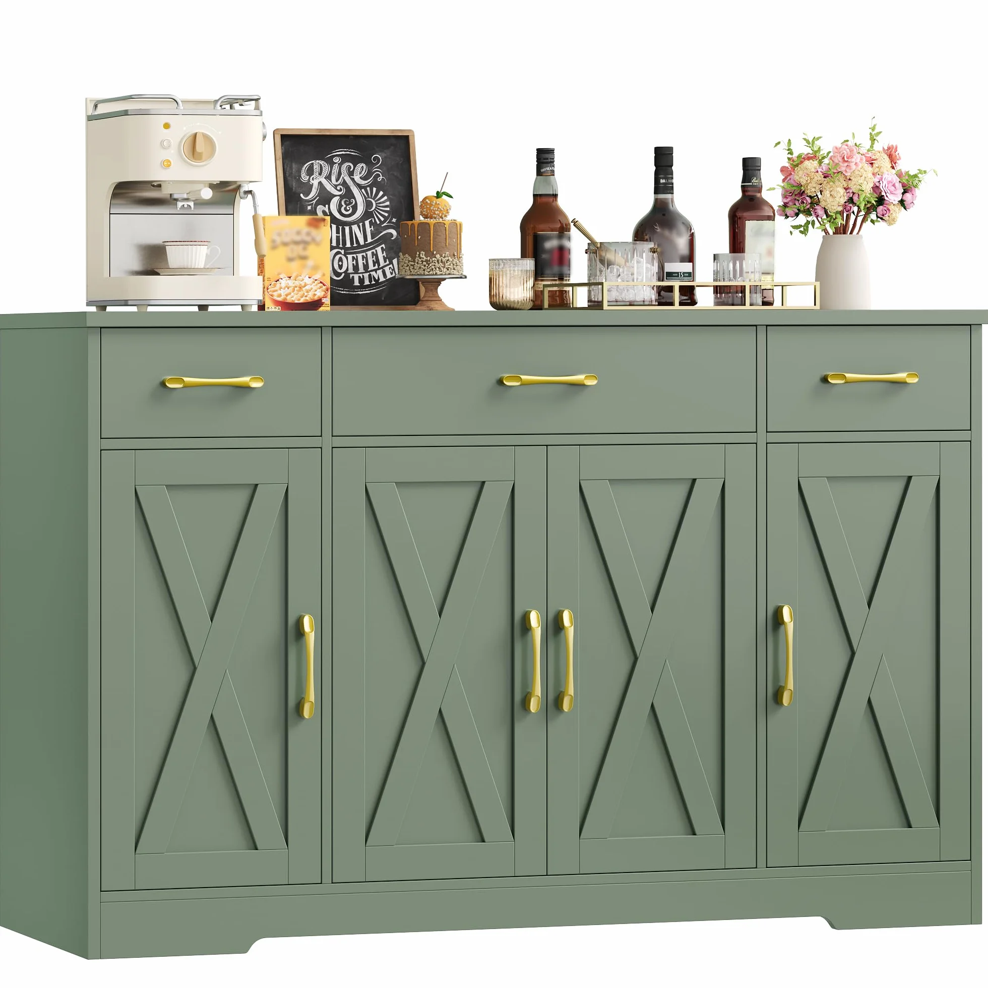 HOCSOK Aparador 140cm, Armario de Cocina, Armario Almacenaje con 4 Puertas y 3 Cajones, Mueble Auxiliar de Cocina con Estantes, para Comedor Entrada Salón, Verde
