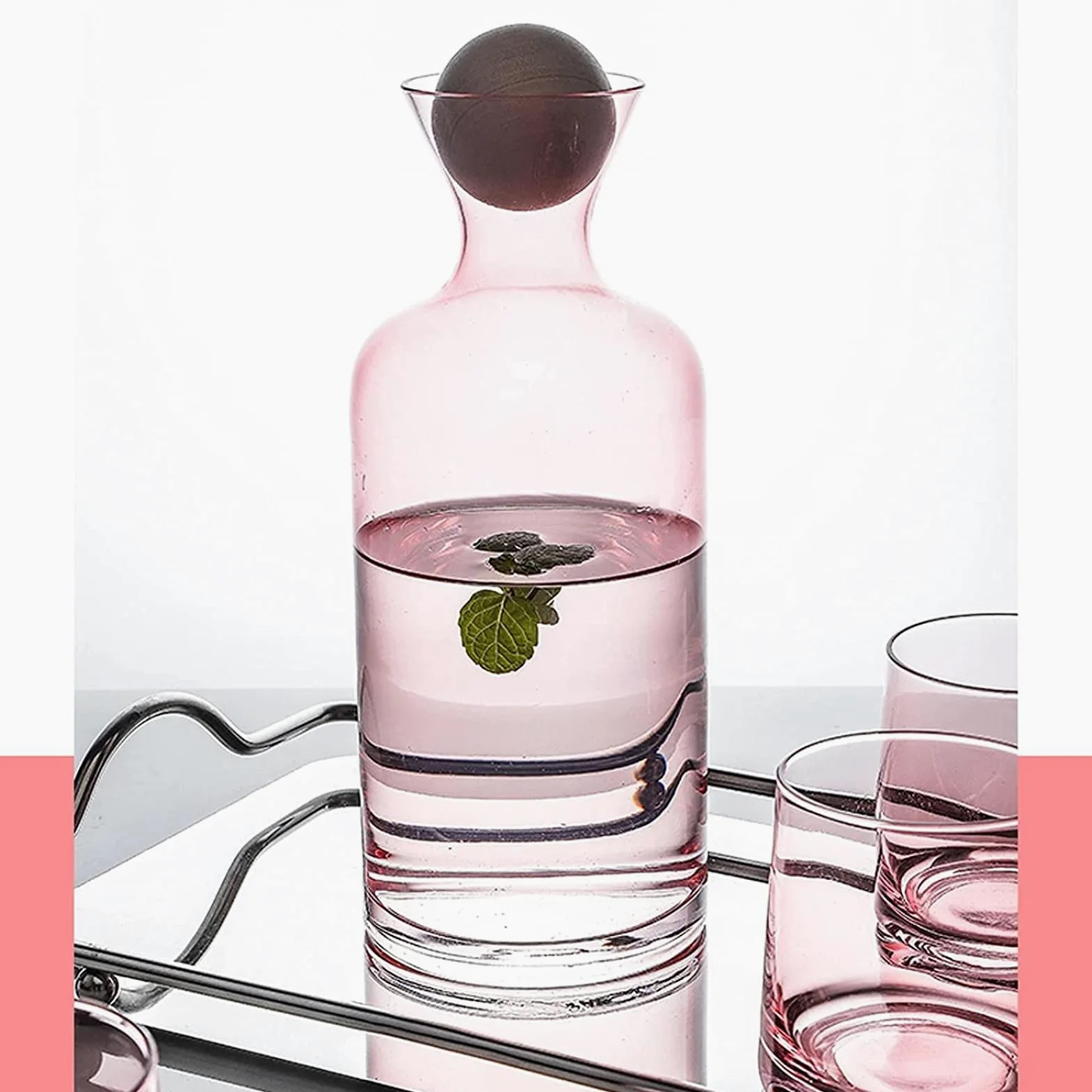 Jarra de Agua Simple Botella de Agua fría Rosa con Cubierta de Bola de Madera Jarra de Vidrio de Alta Temperatura para el hogar, la Oficina, el Restaurante y la cafetería
