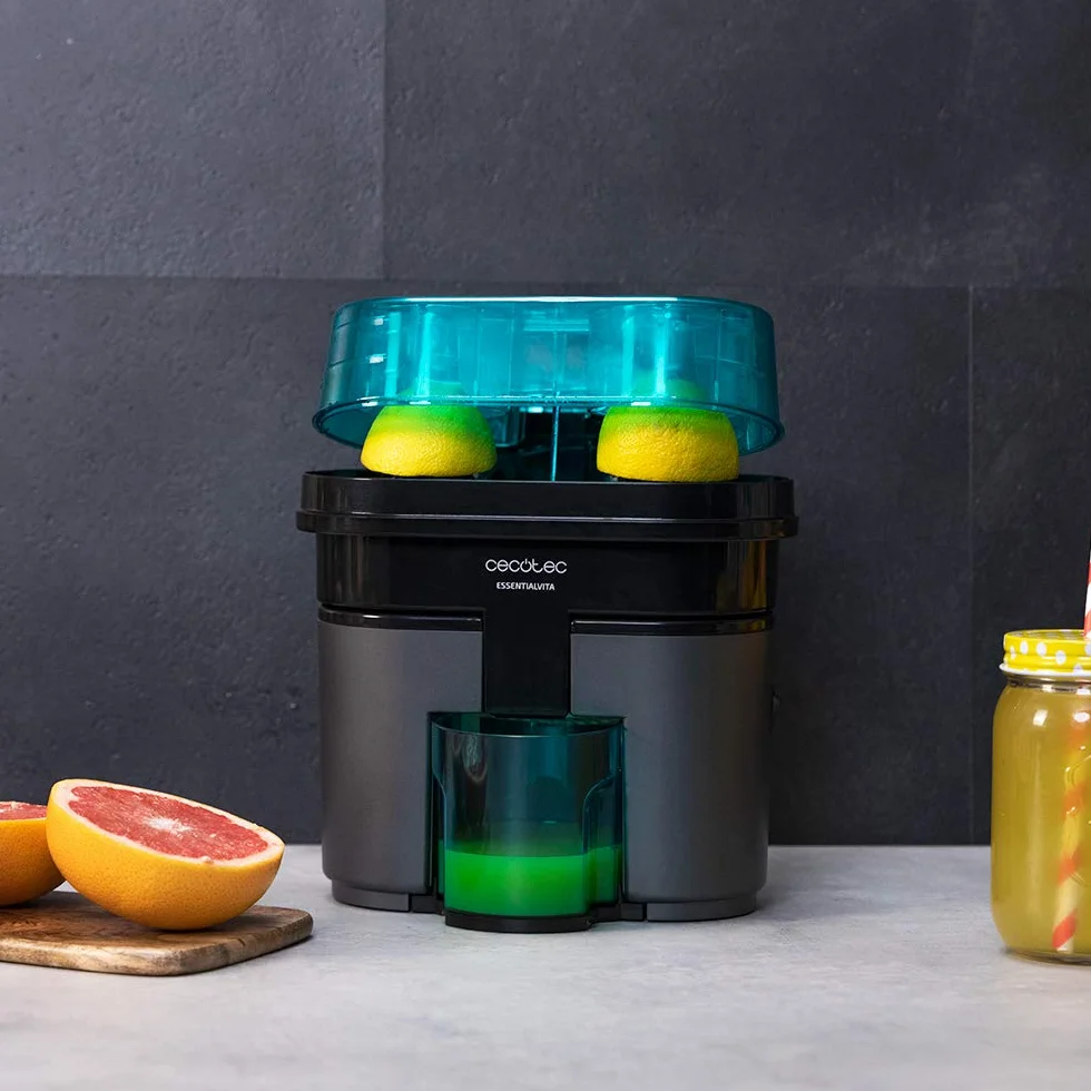 Cecotec Exprimidor Naranjas eléctrico EssentialVita Twice Black. 90 W, Doble Cabezal y Cortador, Filtro para Pulpa, Vaso 500ml, Piezas aptas para lavavajillas