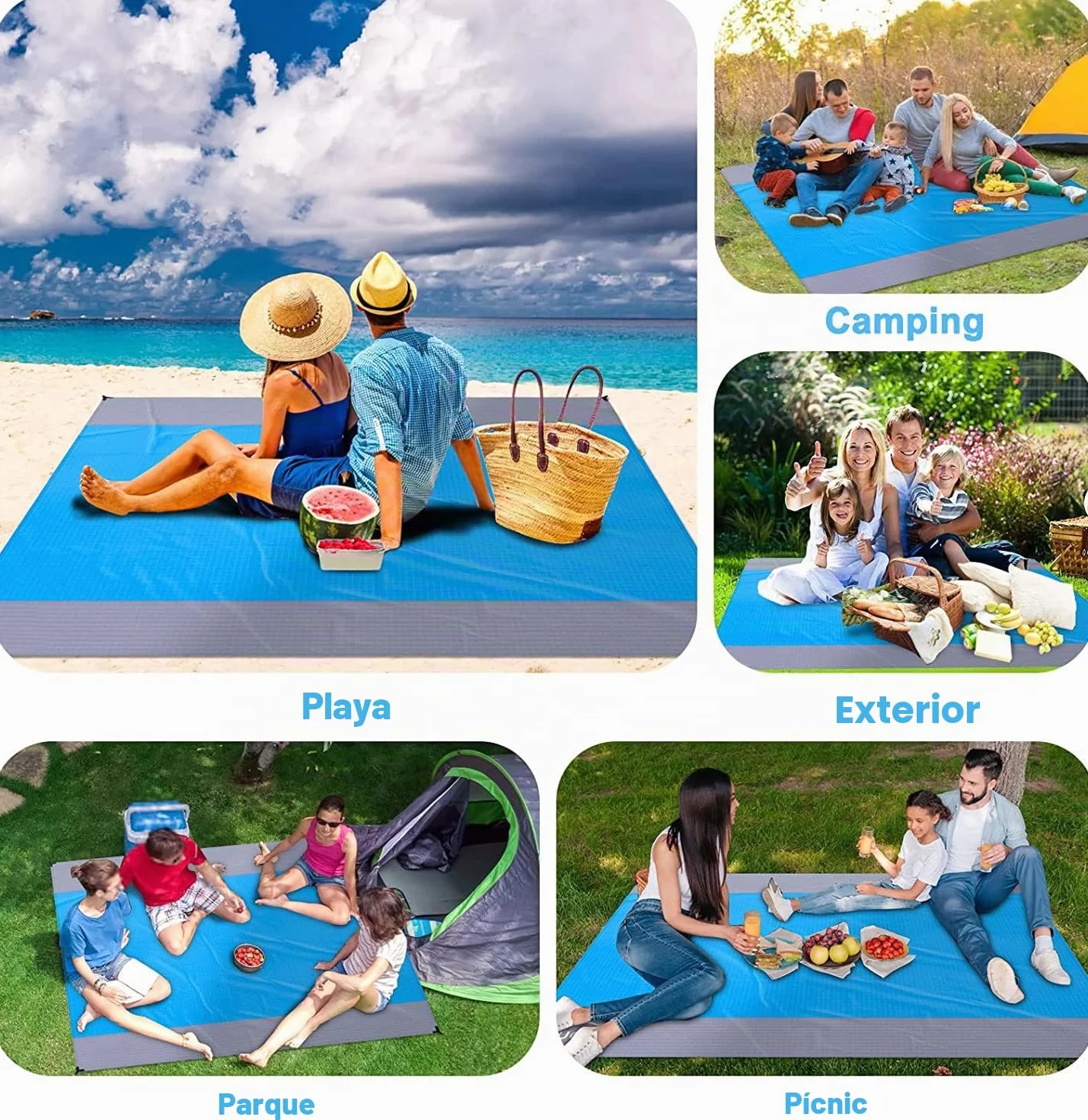 Alfombra de Playa Impermeable 230 x 200 Esterilla con Clavos Fijos Picnic Portátil