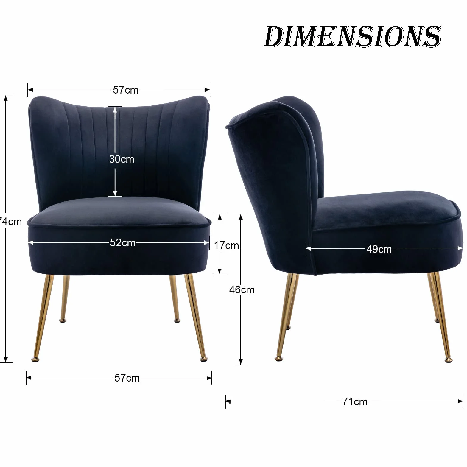 chairus Juego de 2 Sillón Tapizado en Terciopelo Sillón de Salón Moderno con Patas Doradas, Butaca de Salón Elegante sin Brazos para Dormitorio/Tocador, Negro