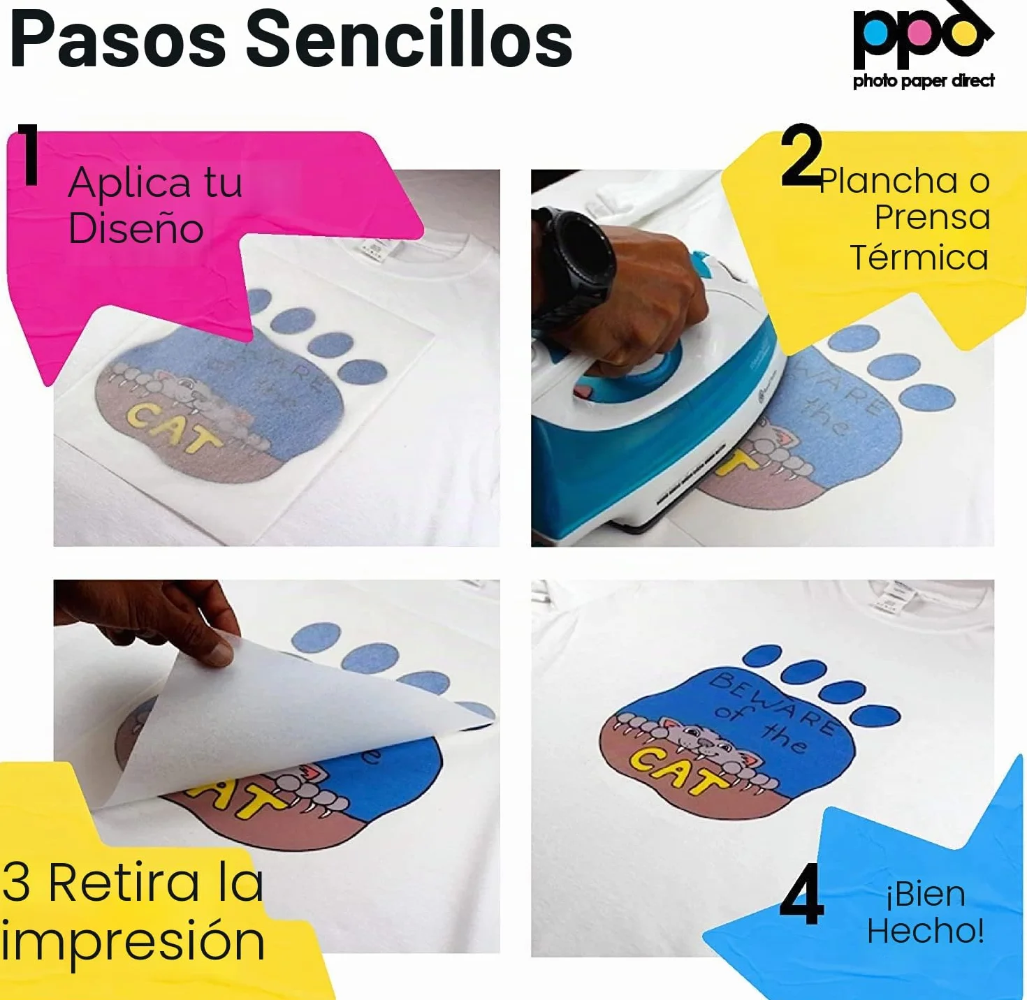 PPD A4 x 5 Hojas de Papel de Transferencia Térmica Para Camisetas, Mascarillas y Tejidos Claros - Para Impresora de Inyección de Tinta Inkjet - PPD-1-5