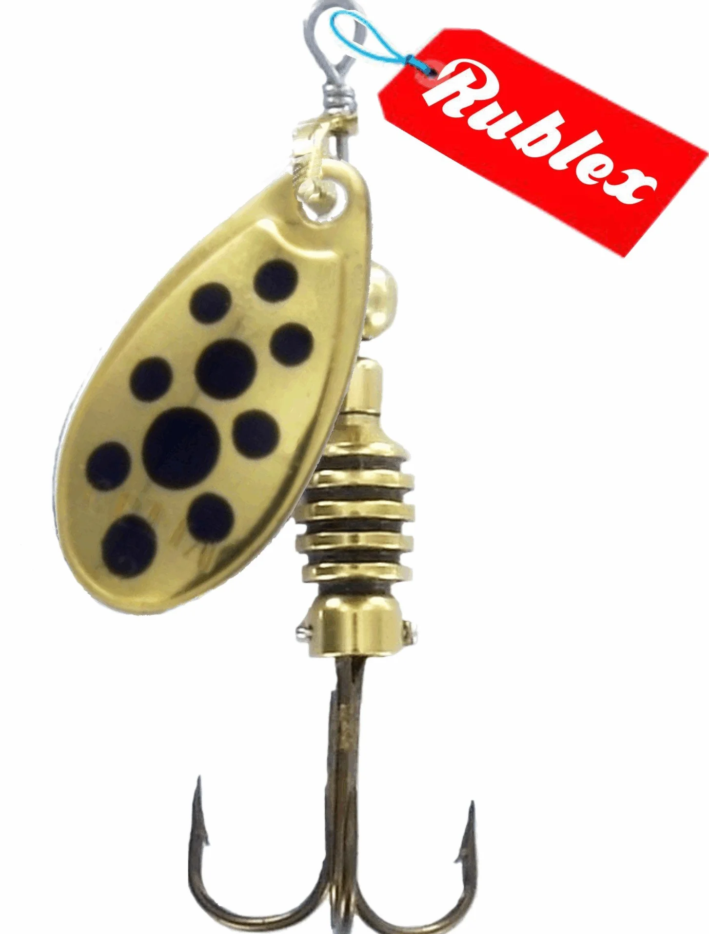 Cucharillas de Pesca Celta-2 OPN Pack 5, Cebo Artificial Quita-Vueltas, Color Oro Puntos Negros 3,5gr