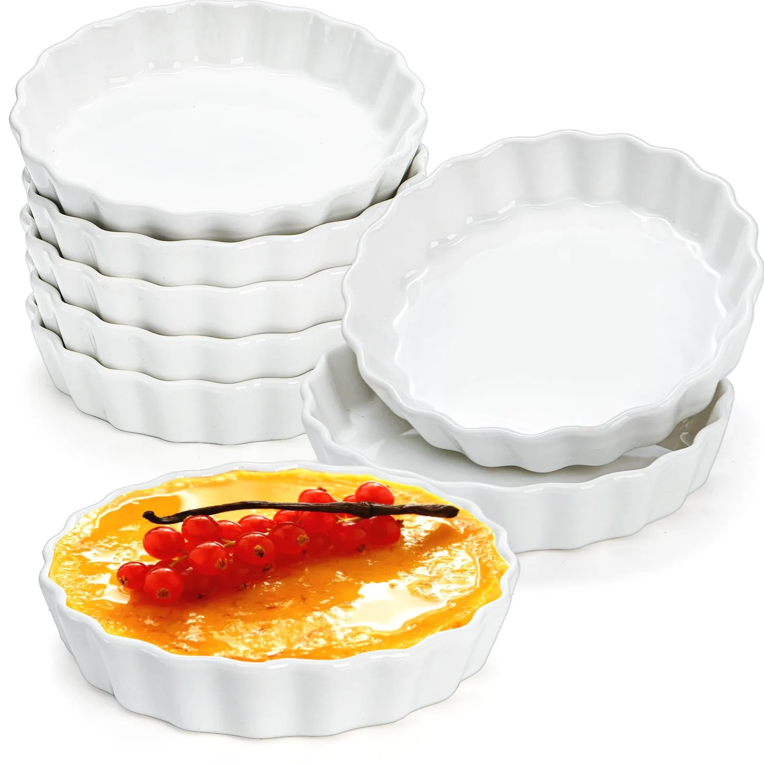 Foraineam Juego de 8 piezas de porcelana poco profunda Ramekins, 5 onzas de crema Brulee Ramekin Platos redondos para hornear Ramekins Set