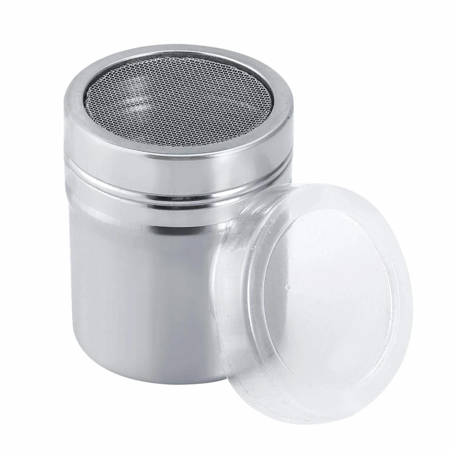Acero inoxidable polvo azúcar pulverizador agitador con tapa de malla fina para harina, cacao, especias, 3 tamaños disponibles para hornear y condimentar