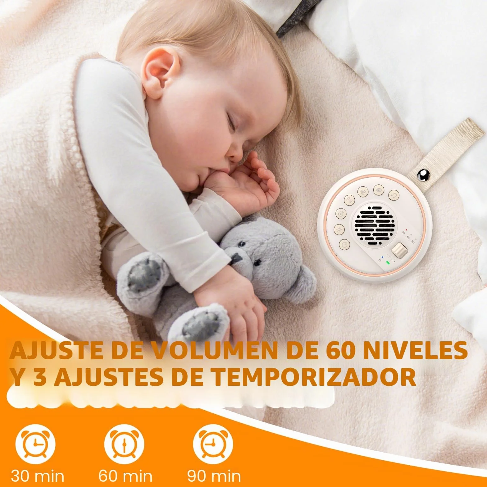 Máquina Ruido Blanco Bebé Portátil 22 Sonidos 60 Volumen 3 Temporizador 2000mAh