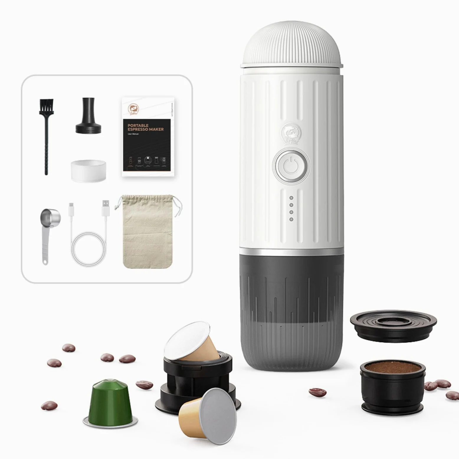 Máquina de café café N-espresso y molido, con calefacción, portátil, portátil, con calefacción, compatible con cápsulas N-espresso y café molido, 7500 mAh USB, y cafetera recargable (blanco)