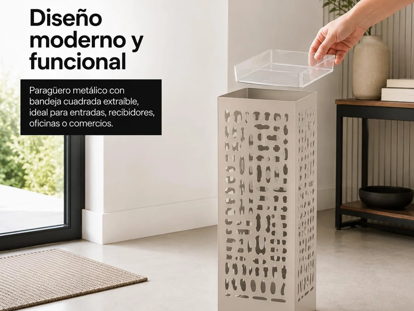 NORDIQ Paraguero Metálico Diseño Lineal Beige Elegante y Funcional para Entrada Oficina