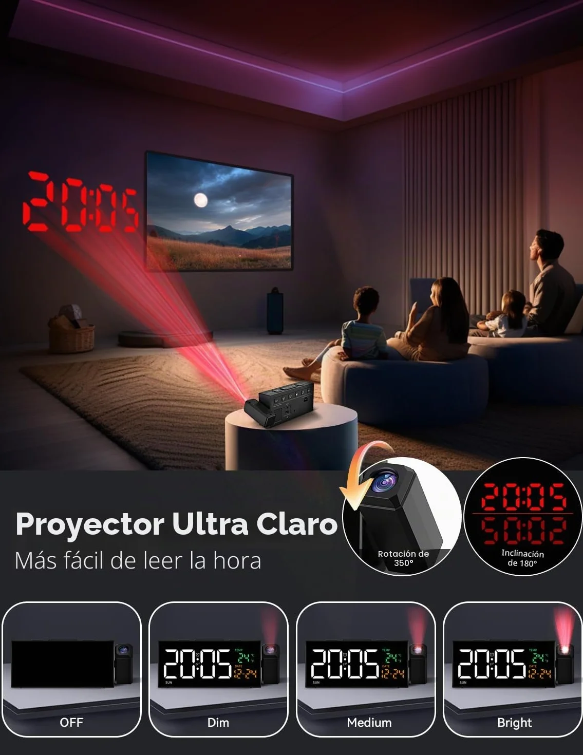 Despertador digital con función de proyección, Reloj despertador con proyector de 350°, termómetro, fecha, pantalla grande, 10 tonos de llamada, Snooze, DST manual, Reloj despertador para dormitorio