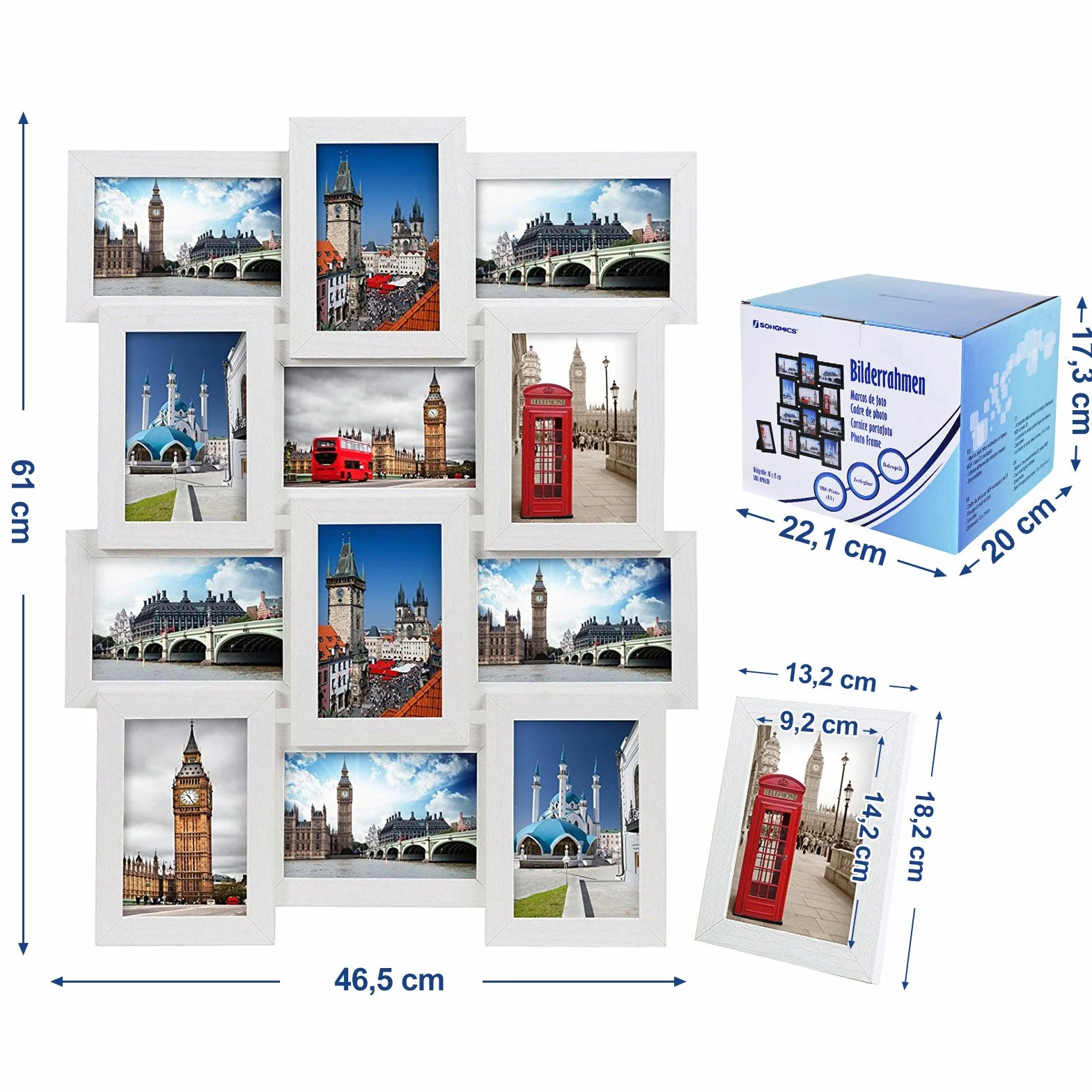 Songmics RPF112W Marco para 12 Fotos, Cada una de 10 x 15 cm, con un Marco Individual, Material de MDF, Color Blanco con Grano de Madera
