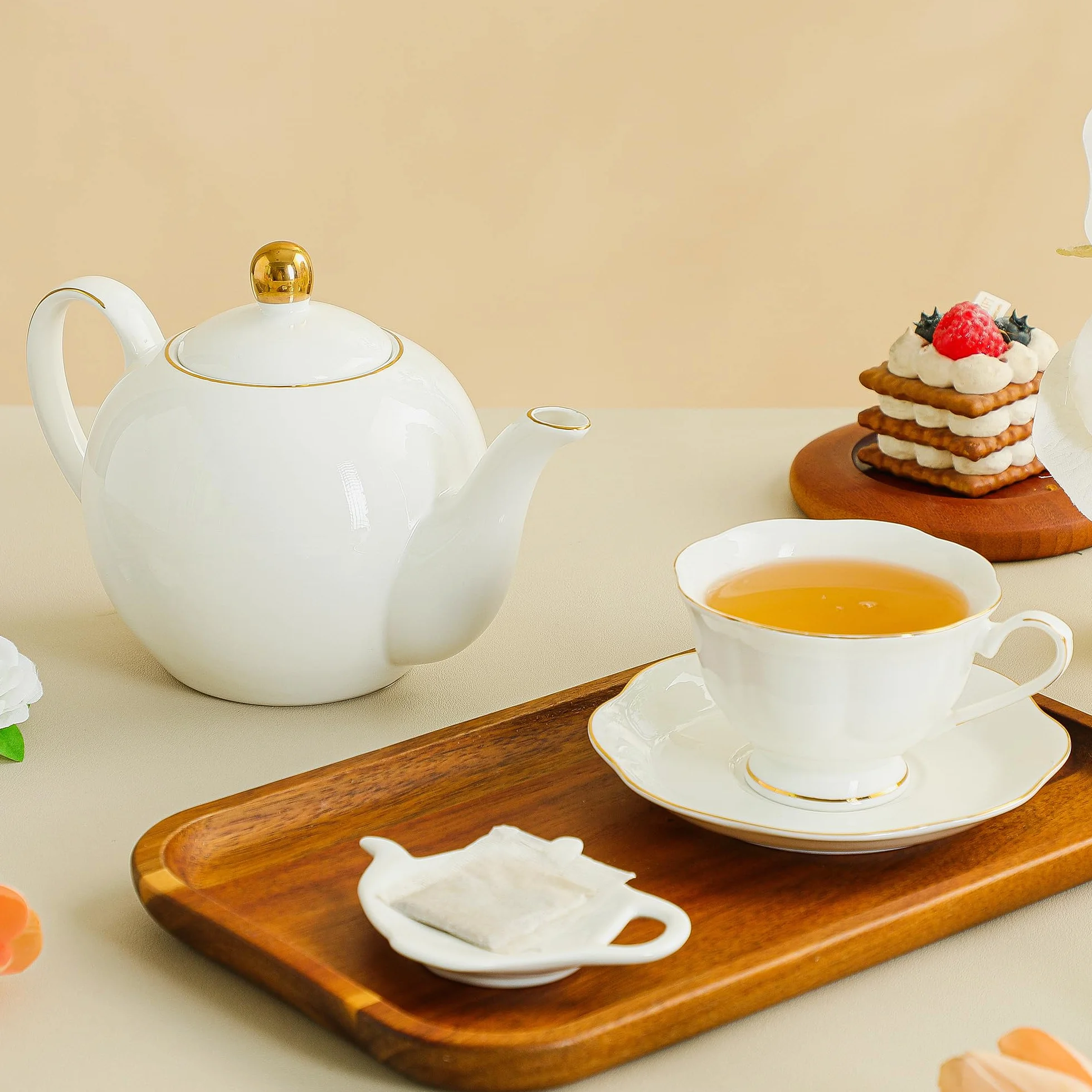 Plato de porcelana blanca para bolsitas de té, cinco posavasos para bolsas de té, soporte para bolsas de té usado, almohadilla clásica para reposar cucharaditas, plato de aperitivos, regalos