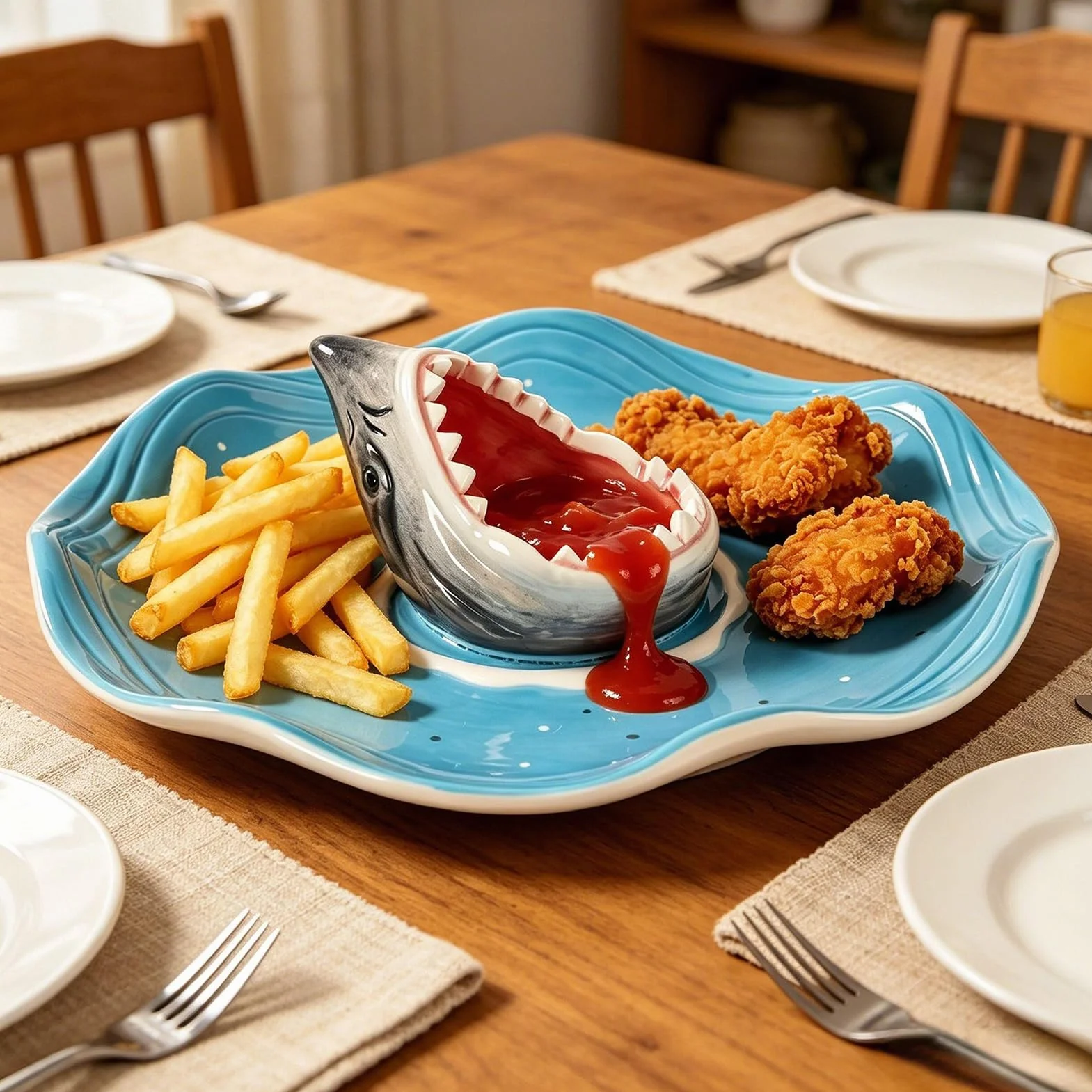 Bandeja de Tiburón para Sushi Plato de Cerámica Pintado a Mano para | Cuenco para Salsas y Aliños Para Charcutería, Queso, Hamburguesa, Gambas, Sardinas, Aperitivos, Palomitas,