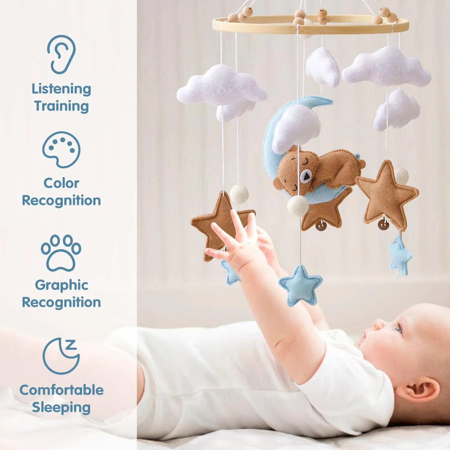 Móvil Decorativo para Cuna de Bebé con Oso Luna Estrellas Nubes