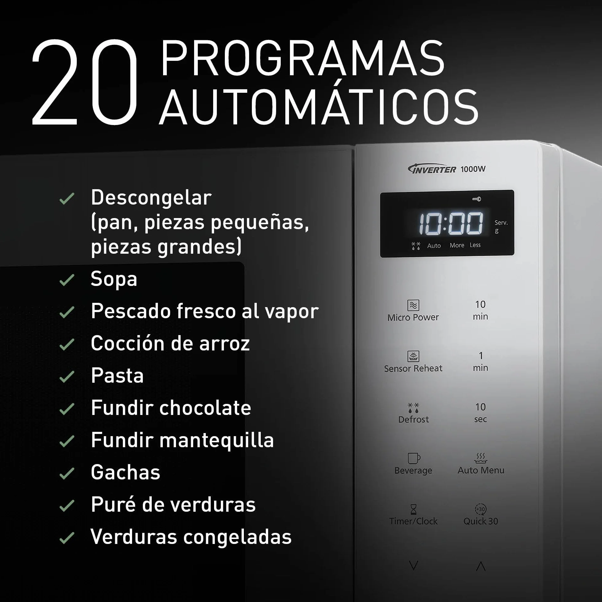 Panasonic NN-ST64QWEPG Microondas Solo Inverter 32L, 1000 Vatios Potencia, 20 programas automáticos, Función Quick 30, Control Táctil, Cocción Uniforme y Descongelación, Blanco