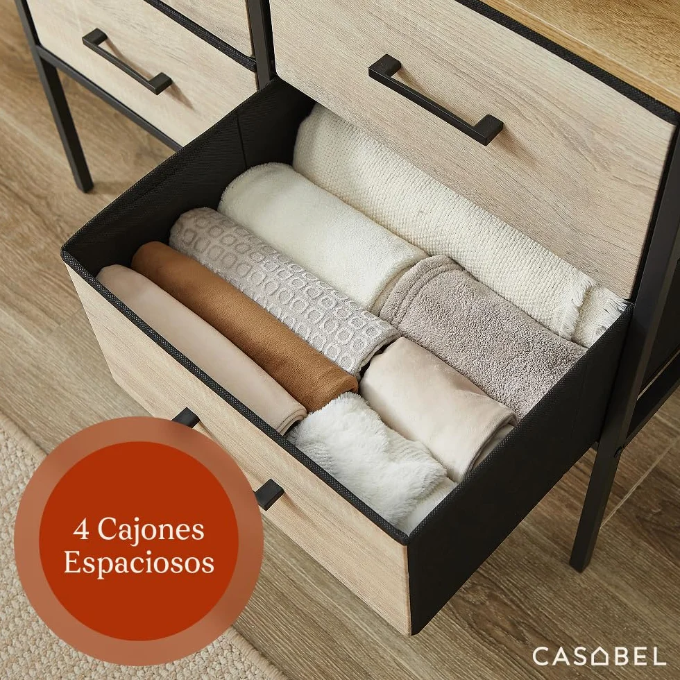 CASABEL Armario Abierto para Ropa 80×40×167 cm con 4 cajones de Tela rígida, cómoda compacta para Dormitorio o recibidor, Estructura de Metal Negro y Tablero de Madera