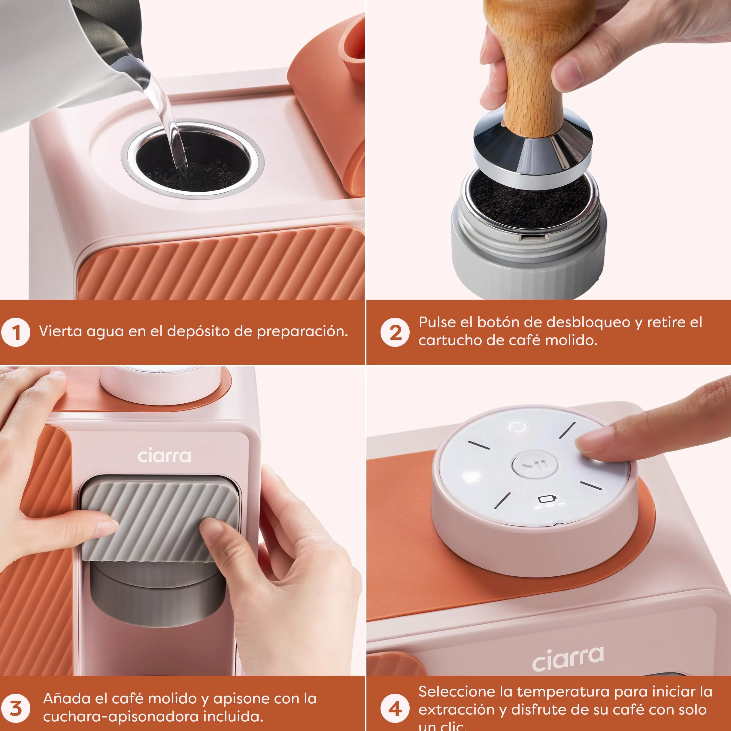 CIARRA BloomBox Cafetera Portátil Espresso de 15 bares Rosa | con Batería y Conexión a la Red Eléctrica, Máquina de Café Recargable Autocalentable para Acampadas y Viajes - CBPCM551-P
