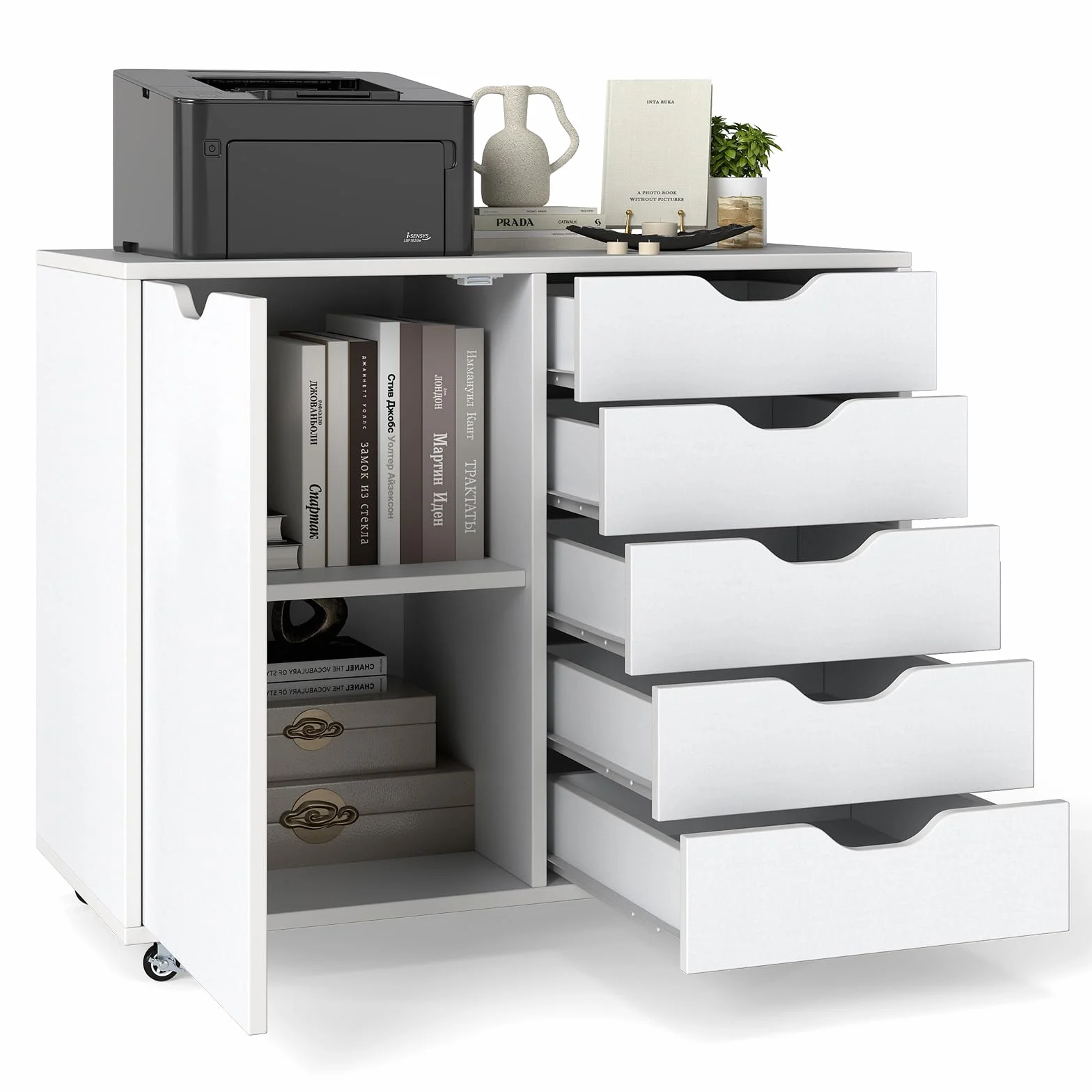 KOMFOTTEU Archivador Móvil con 5 Cajones y Puertas, Armario de Almacenamiento con 5 Ruedas, Cajonera de Madera, Mueble Auxiliar para Oficina, Soporte para Impresora, 79 x 39 x 65 cm, Blanco