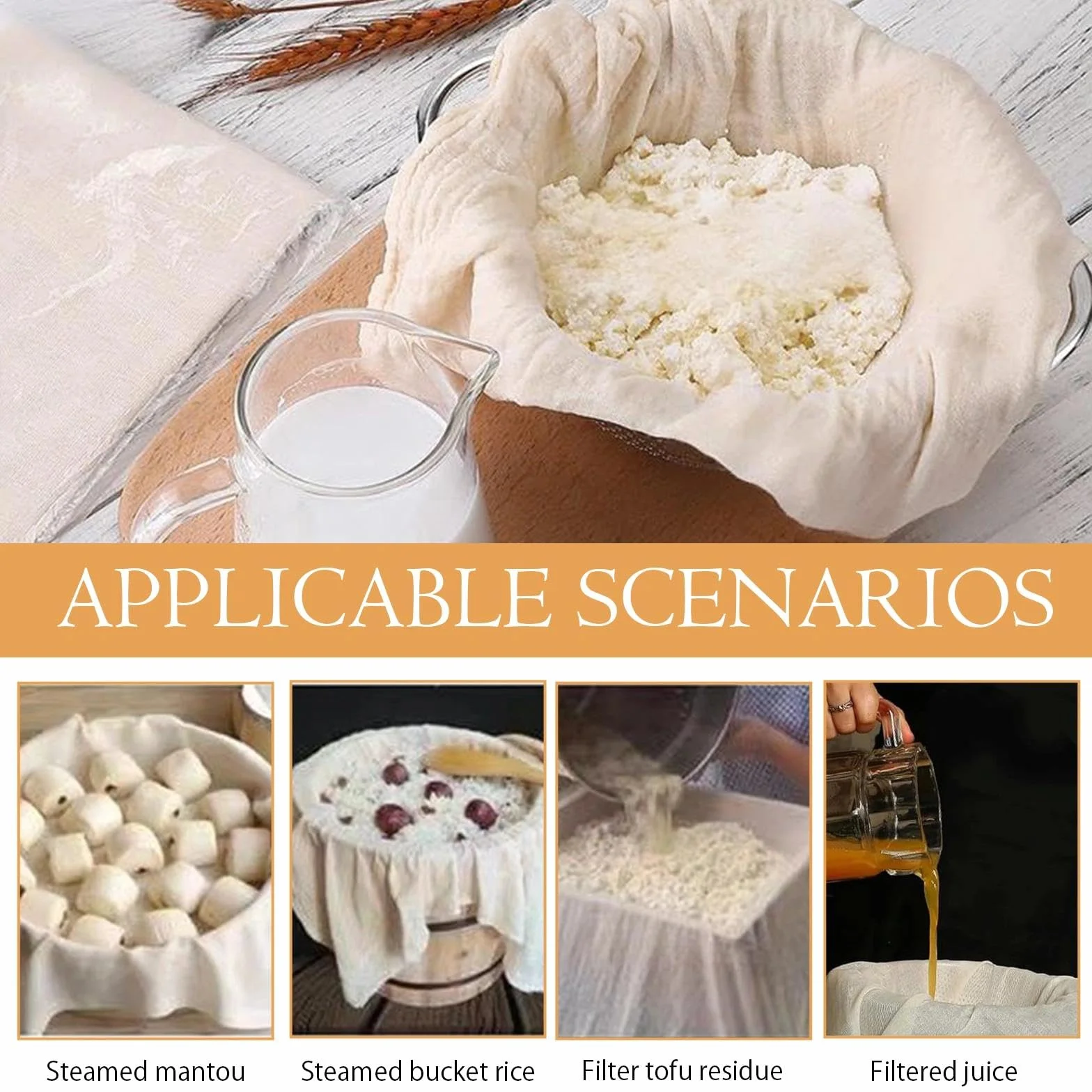 6 Piezas Cheese Cloth, Colador de Tela 60 × 60 cm Colador Tela Reutilizable, Estameña Lavable Telas Filtrantes para Caldo Filtrado Queso Jugo Fruta Prensada Fermentación de Masa de Pan