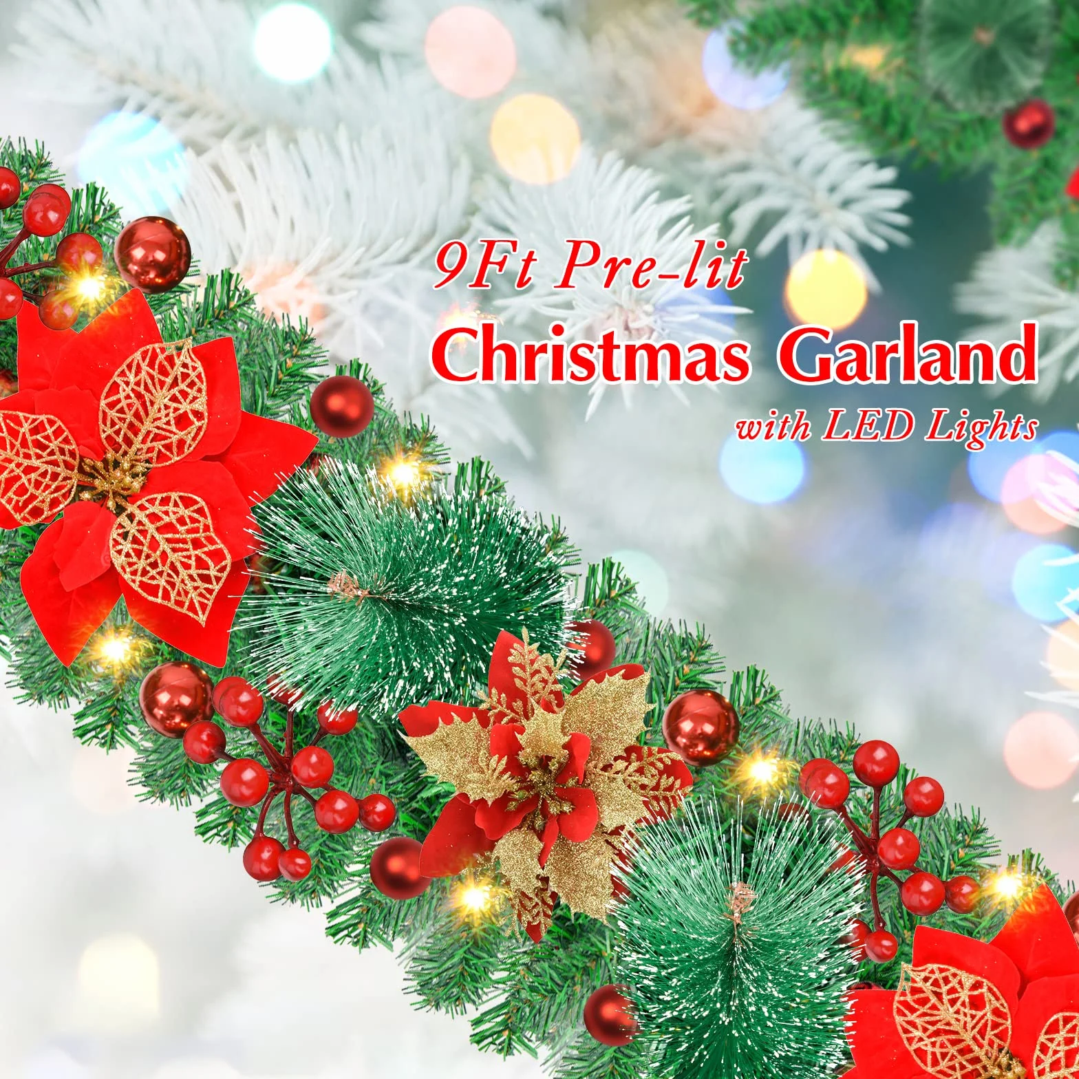 Guirnalda de Navidad, 2,7 Metros Guirnaldas navideñas con Luces LED, Corona de Frutos Rojos para Escaleras Chimeneas Puertas, Guirnaldas navideñas Artificiales Decoración Interior Exterior