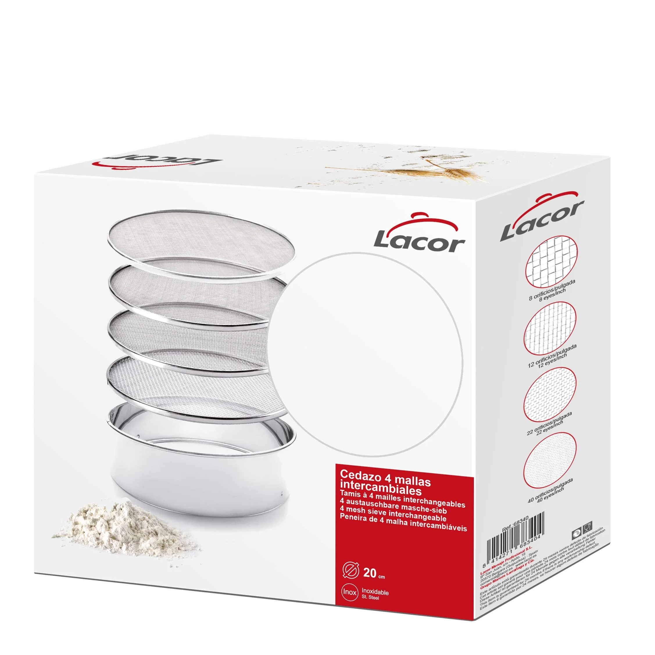 Lacor 68341 - Cedazo - Acero inox, Tamiz intercambiable, 4 mallas, 23 cm | En acero inoxidable, tamiza harinas y azúcar finamente; ideal para cocina profesional y uso diario en casa, para el día a día