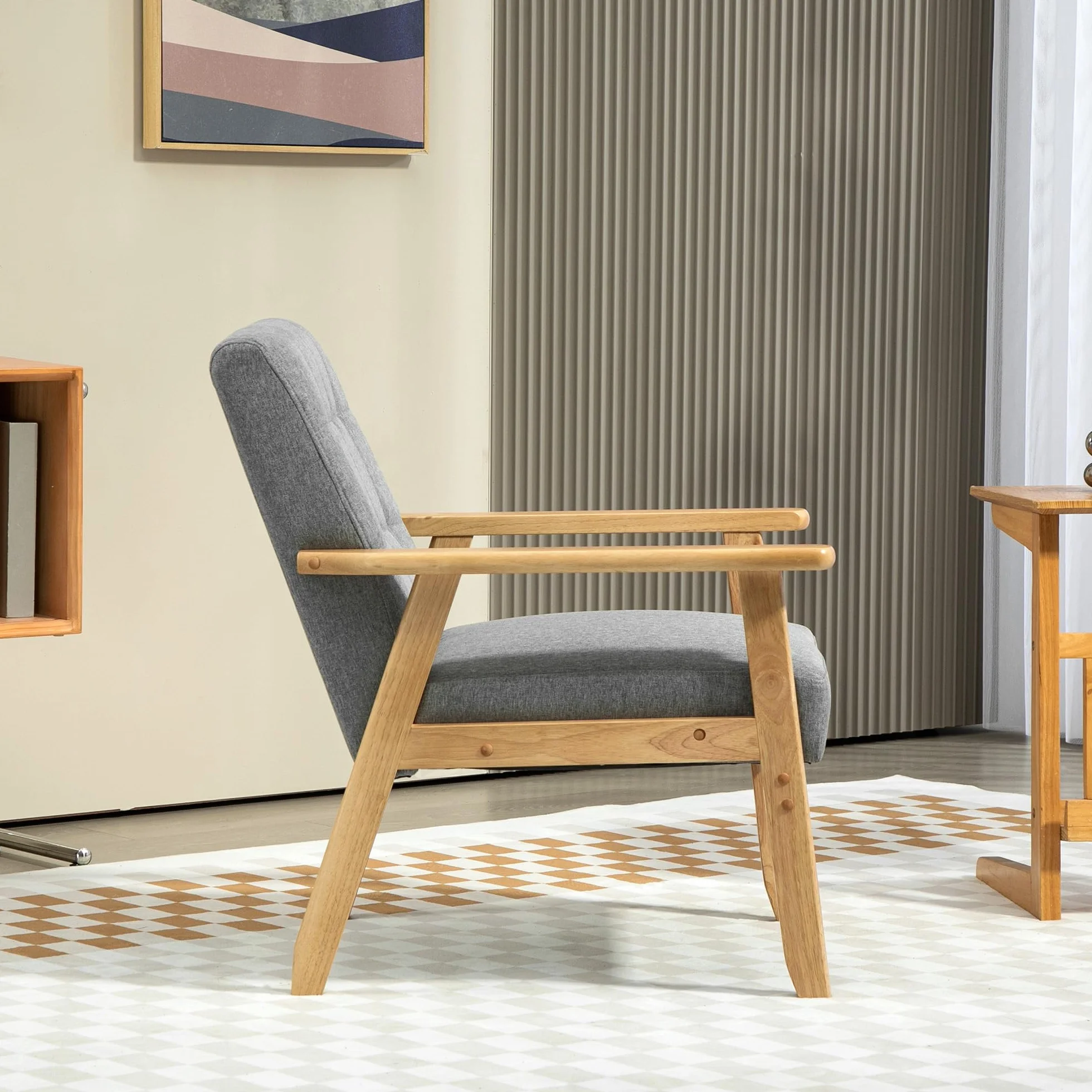 HOMCOM Sillón Individual Sofá Individual Tapizado en Lino con Reposabrazos de Madera Respaldo Acolchado Carga 130 kg Sillón para Salón Dormitorio Gris Claro