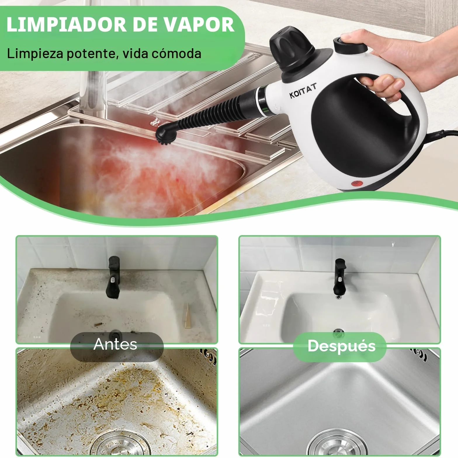 Limpiador de vapor portátil a presión con 10 accesorios, limpiador a vapor para muebles tapizados, con bloqueo de seguridad, para casa, coche, suelo (blanco profundo)