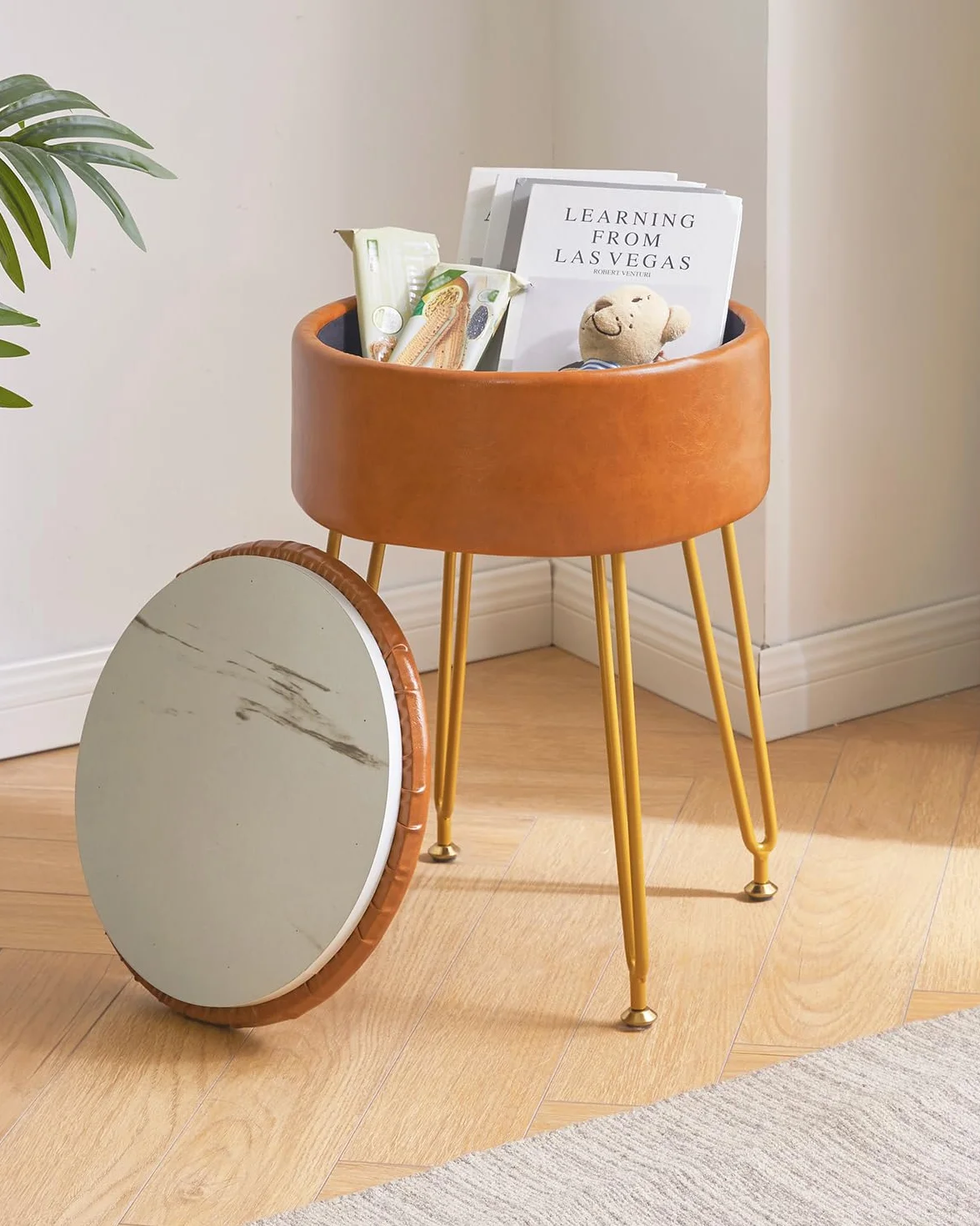 Taberno Redondo de Reposapiés Cuero Falso Almacenamiento Otomano Mesa Lateral Silla Vanidad Maquillaje Asiento Mesa Vestir PU Marrón Claro