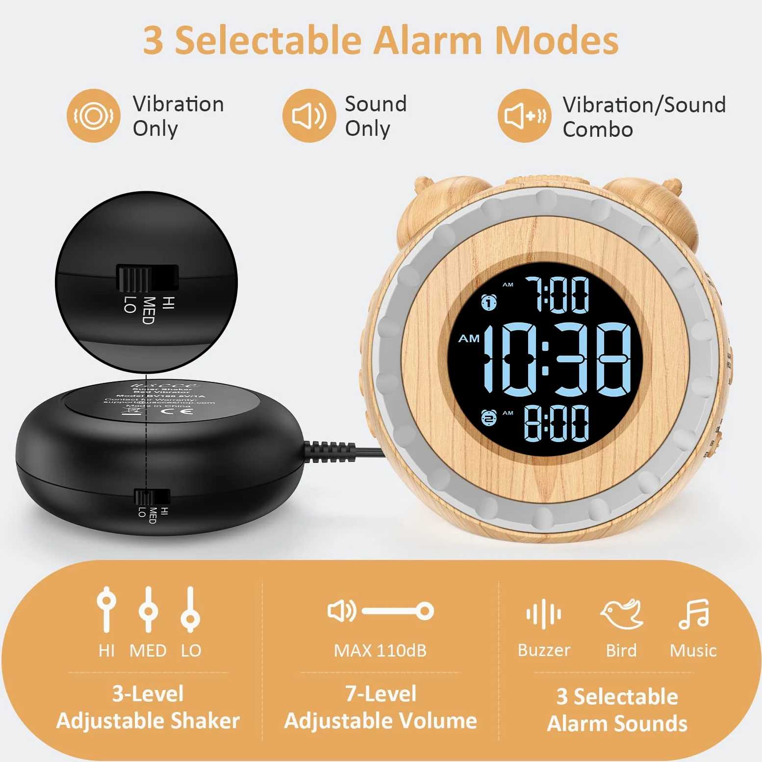 uscce - Despertador doble extra fuerte con coctelera de cama - Regulador de intensidad de 0 a 100%, despertador vibratorio para durmientes pesados o con problemas de audición, fácil de ajustar,