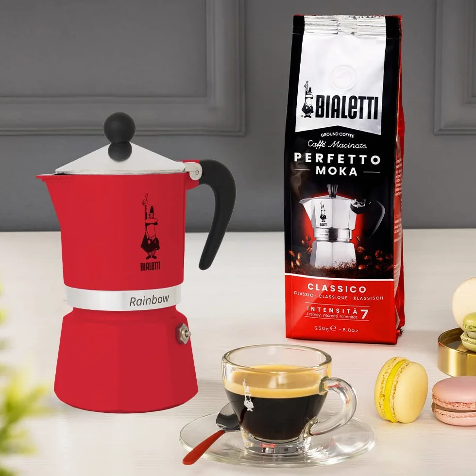 Bialetti Rainbow Cafetera Italiana Espresso, 3 Tazas, Aluminio, Rojo