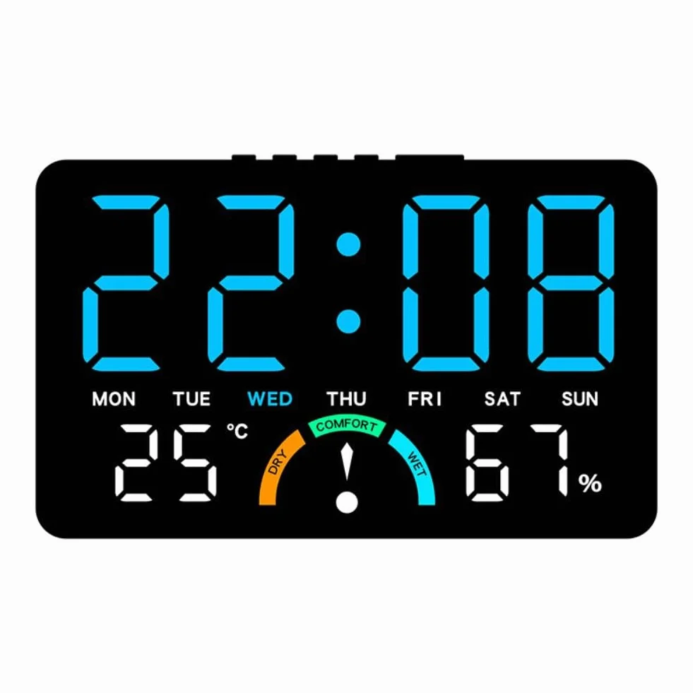 Reloj digital LED grande con indicadores de hora, humedad, temperatura, fecha, alarma y nivel de comodidad, diseñado para colgar en la pared o configuración plana (azul)