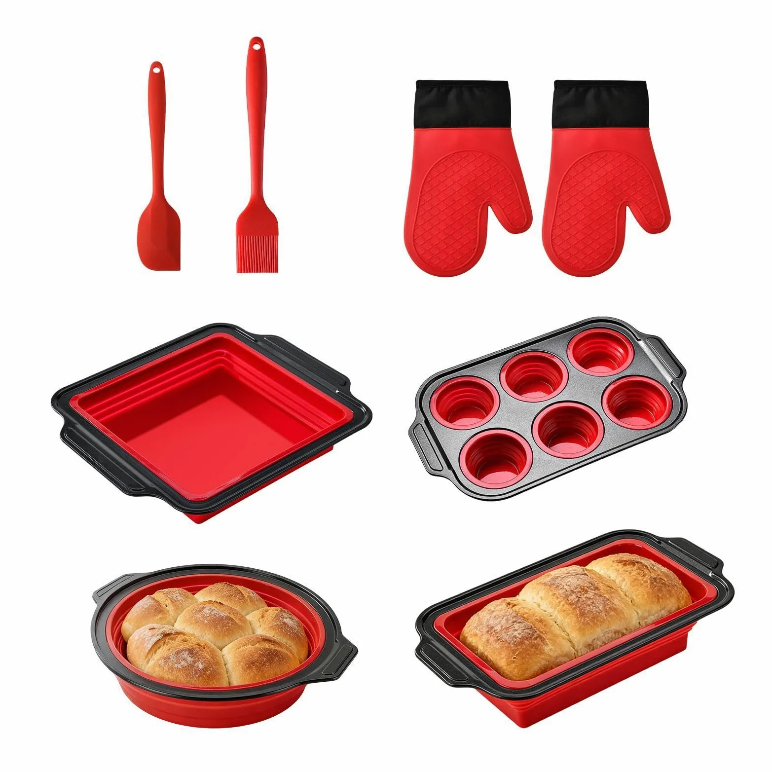 Molde de Silicona para Hornear Vajilla Flexible para Hornear | Con manoplas, rascador y cepillo, set con molde de silicona de horneado Para pan, galletas, huevos, horno, tostadora