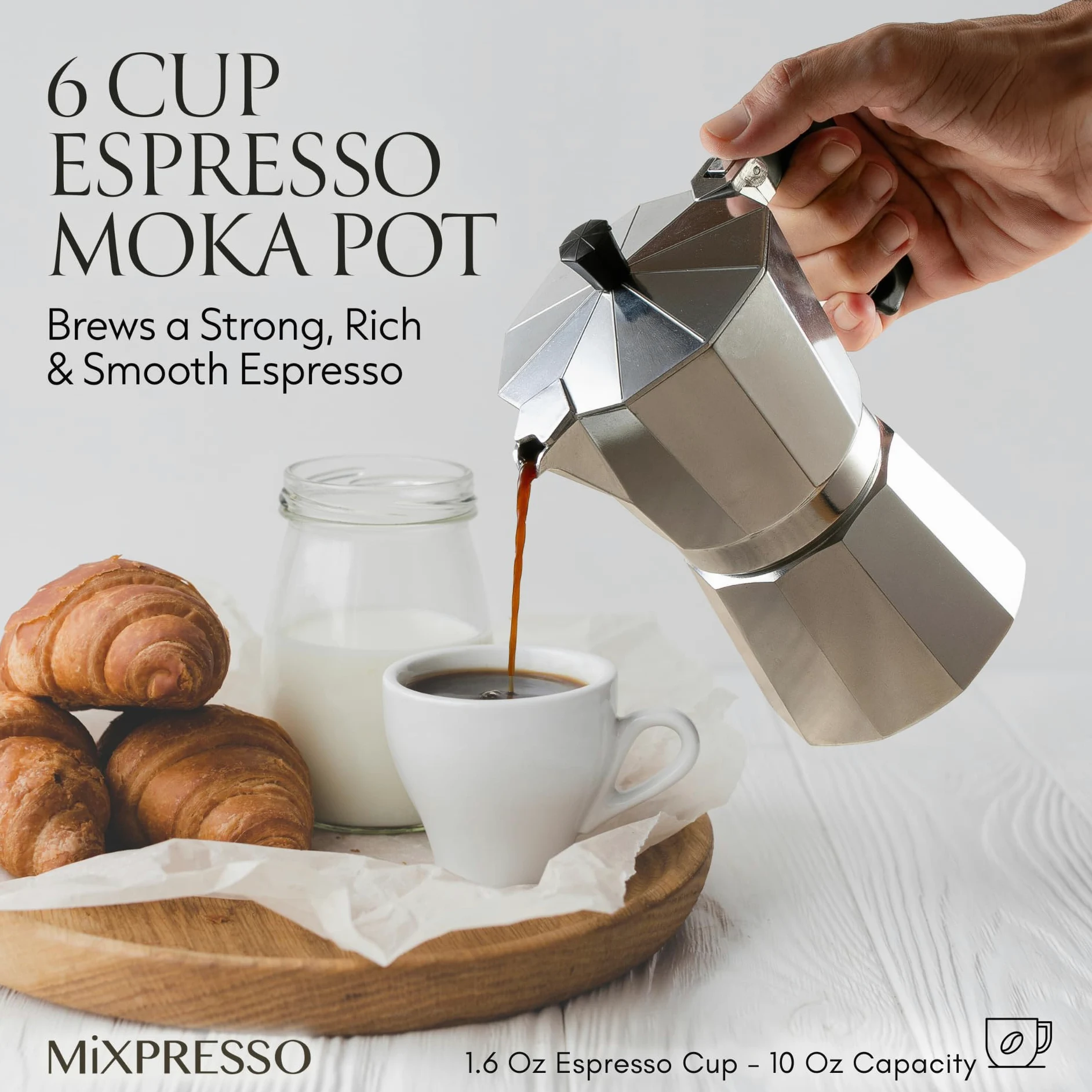 Mixpresso Cafetera de aluminio para 6 tazas, cafetera Moka Pot para preparar café italiano y cubano, cafetera italiana clásica, cafetera espresso Greca, cafetera de camping de 10 onzas