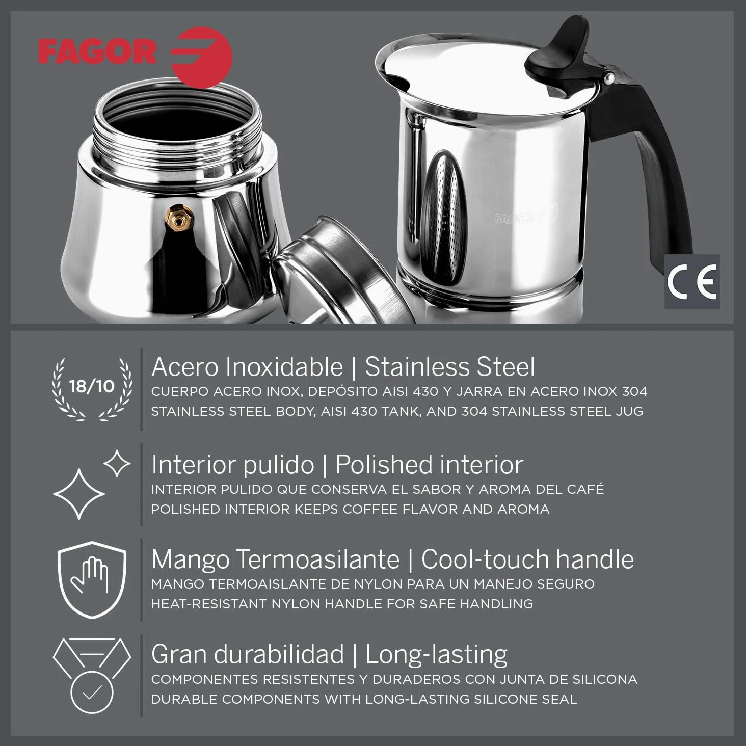Fagor Etnica - Cafetera Italiana 10 Tazas, 500ml, Acero Inoxidable, Todo Tipo de Cocinas, Inducción, Mango Ergonómicos de Nylon, Café, Moka, Expresso