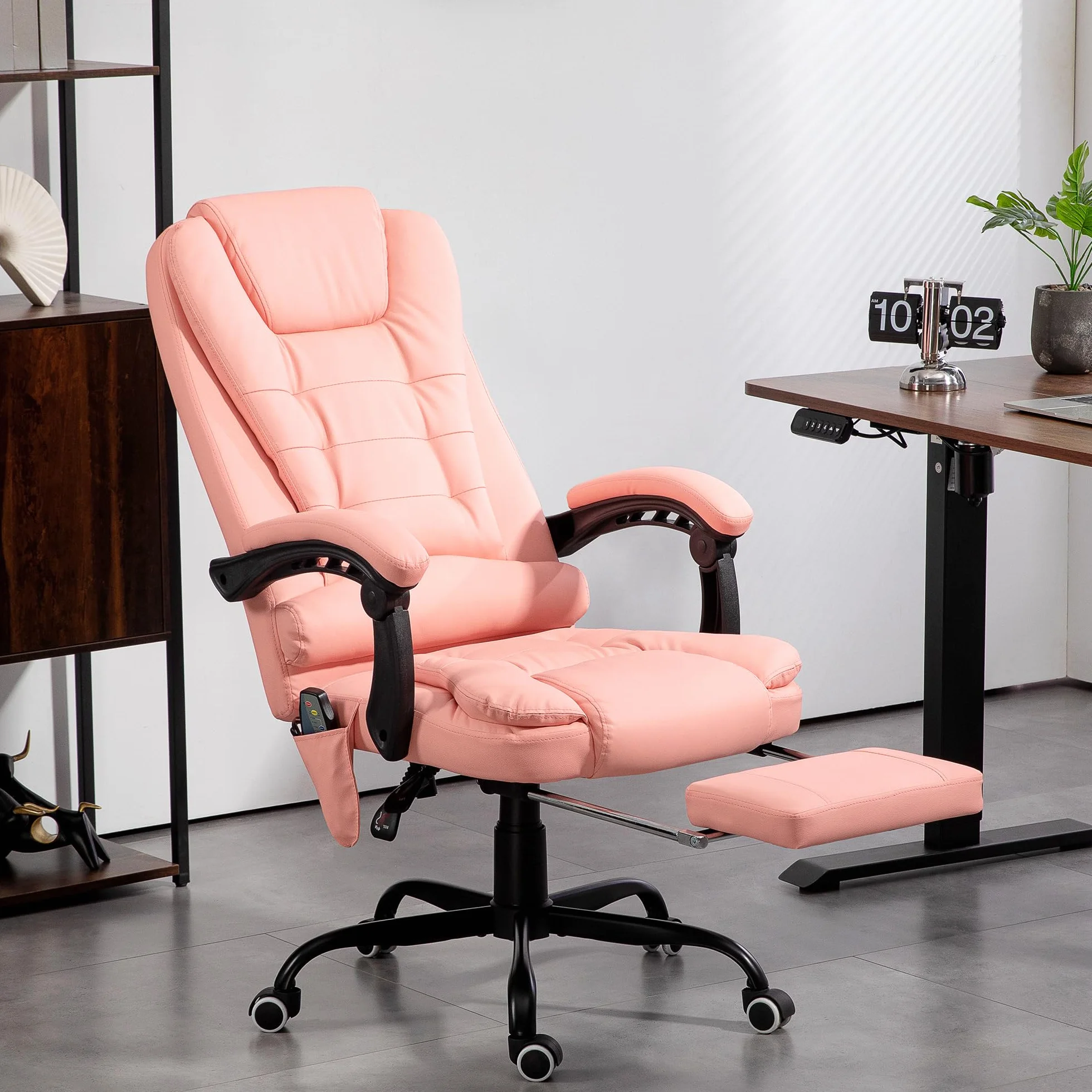 Vinsetto Silla de Oficina con 7 Puntos de Masaje Silla de Masaje Giratoria Silla de Escritorio con Reposapiés Retráctil Altura Ajustable Control Remoto y Tejido de PU Rosa