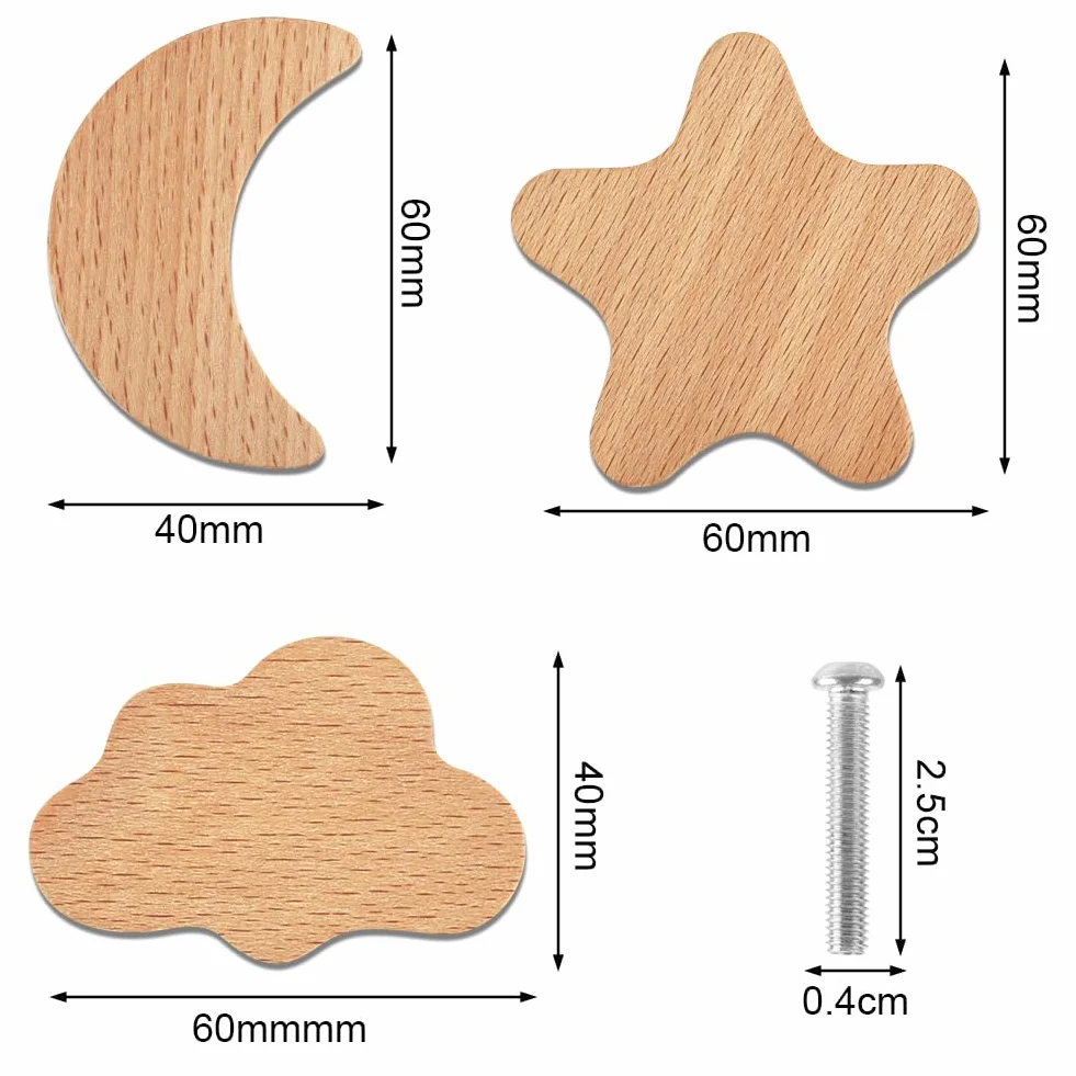 Aolso 6 Pomos Tiradores de Madera para Armarios, Estrellas Luna y Nubes Infantiles