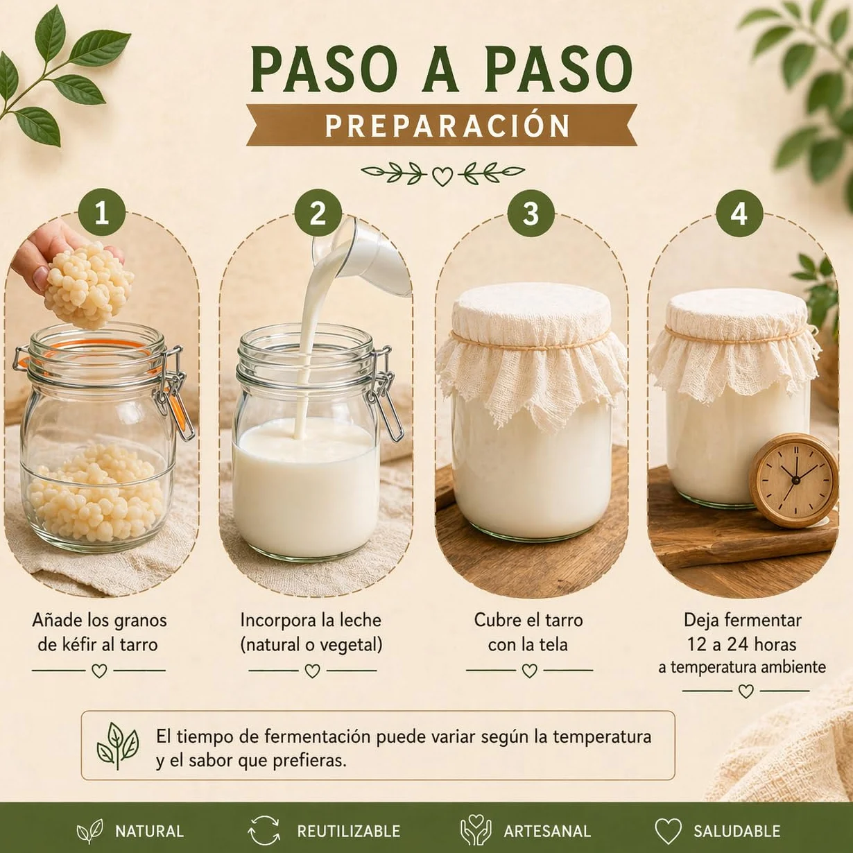 Kit kefir casero - MAGIC RAINBOW - Tarro de cristal con tapa 750 ml colador plástico cuchara madera paño textil y caja de inicio para preparación doméstica - Sin kéfir incluido